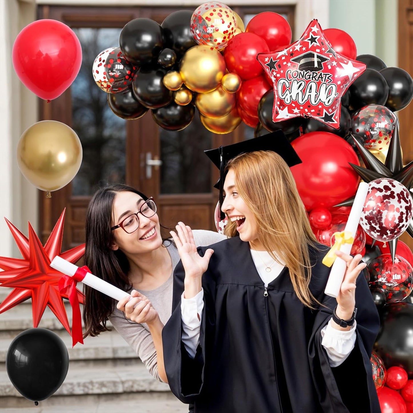 Red Black Gold Balloon Arch Kit with Explosion Star Foil Balloons Black Gold Balloons Red Confetti Graduation Balloon Garland for 2025 Graduation Decoration Birthday Baby Shower Party