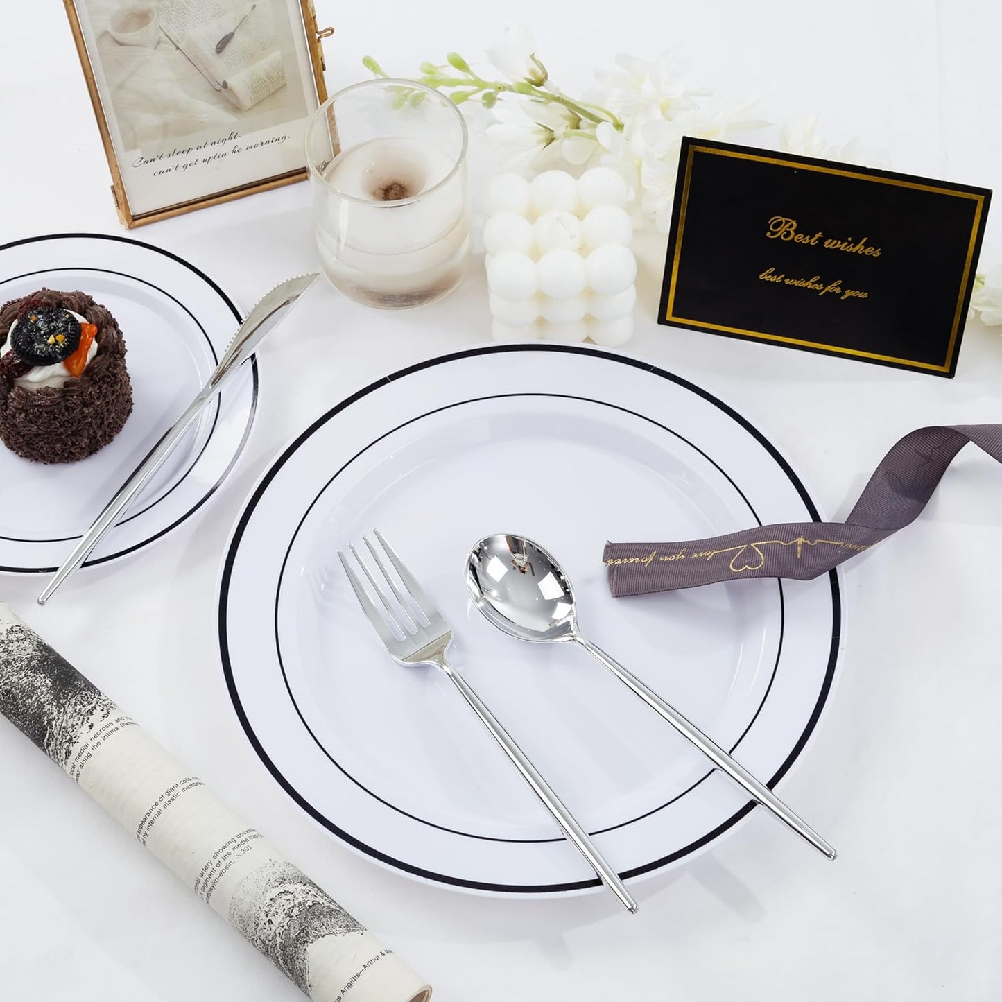 U-QE 100pcs Black Plastic Plates for Party - Black Plates Disposable Heavy Duty - Include 50 10" Dinner and 50 7" Dessert Plate, Fancy Plastic Plates for Wedding, Party, Birthday