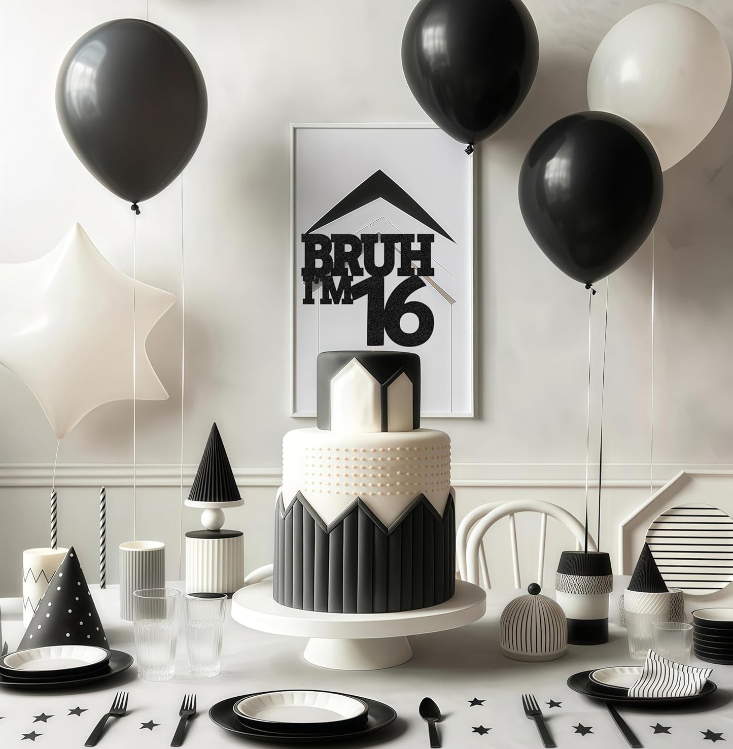Bruh I'm 16 Cake Topper - Black Glitter Funny 16th Birthday Cake Decorations for Boys, Bro I'm 16/ Cheers to 16 Years Cake Decor for Brother Birthday Party Supplies Photo Booth Prop