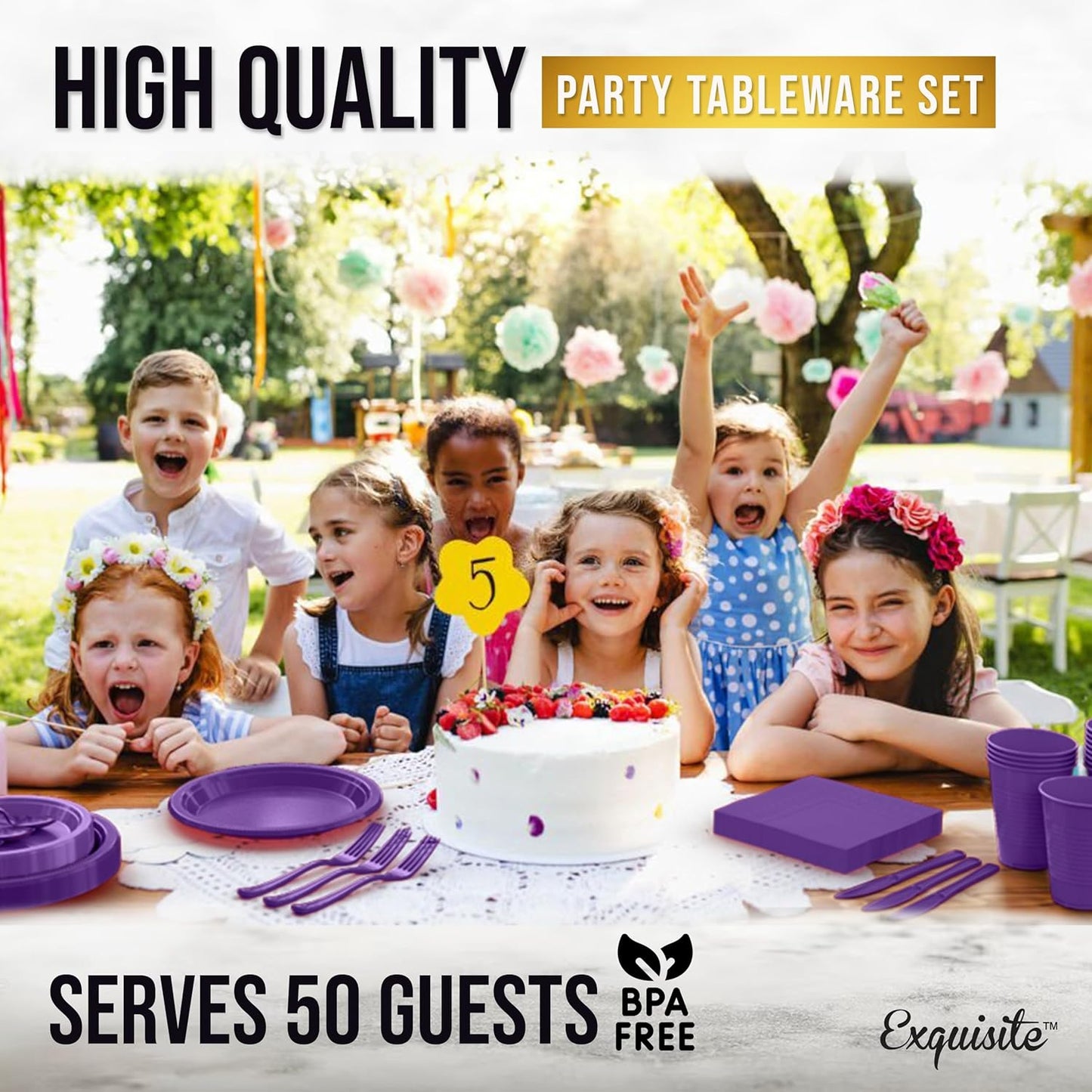 350 Pcs Purple Plastic Plates For Party, Purple Disposable Plates Set, 50 Of Each 9" Dinner Plate Set, 7" Dessert Plate, Cups, Napkins & Cutlery Plastic Dinnerware Exquisite