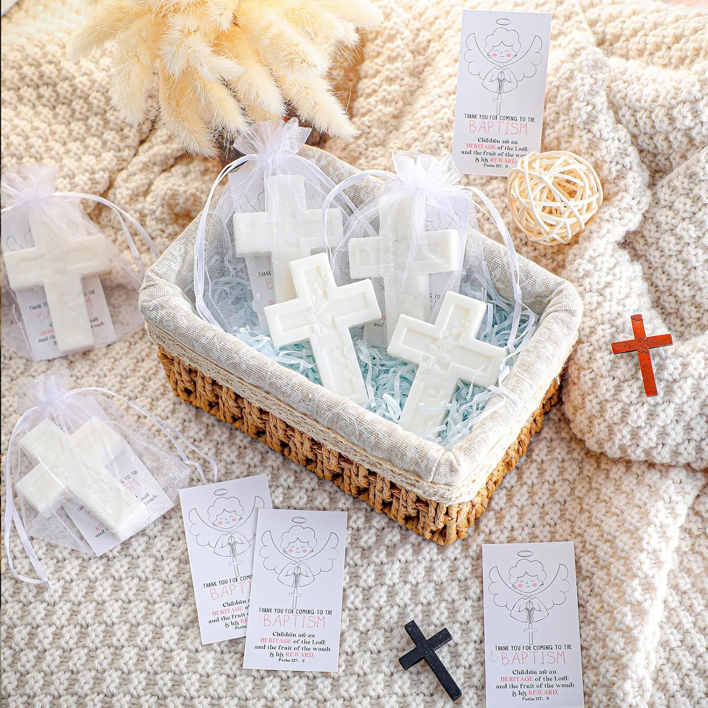 80 Pack Baptism Favors for Guests Cross Soap Baby Shower Scented Soap Favors with Greeting Cards Organza Bag Christening Communion Baptism Party Gift for Guests Party Gender Reveal