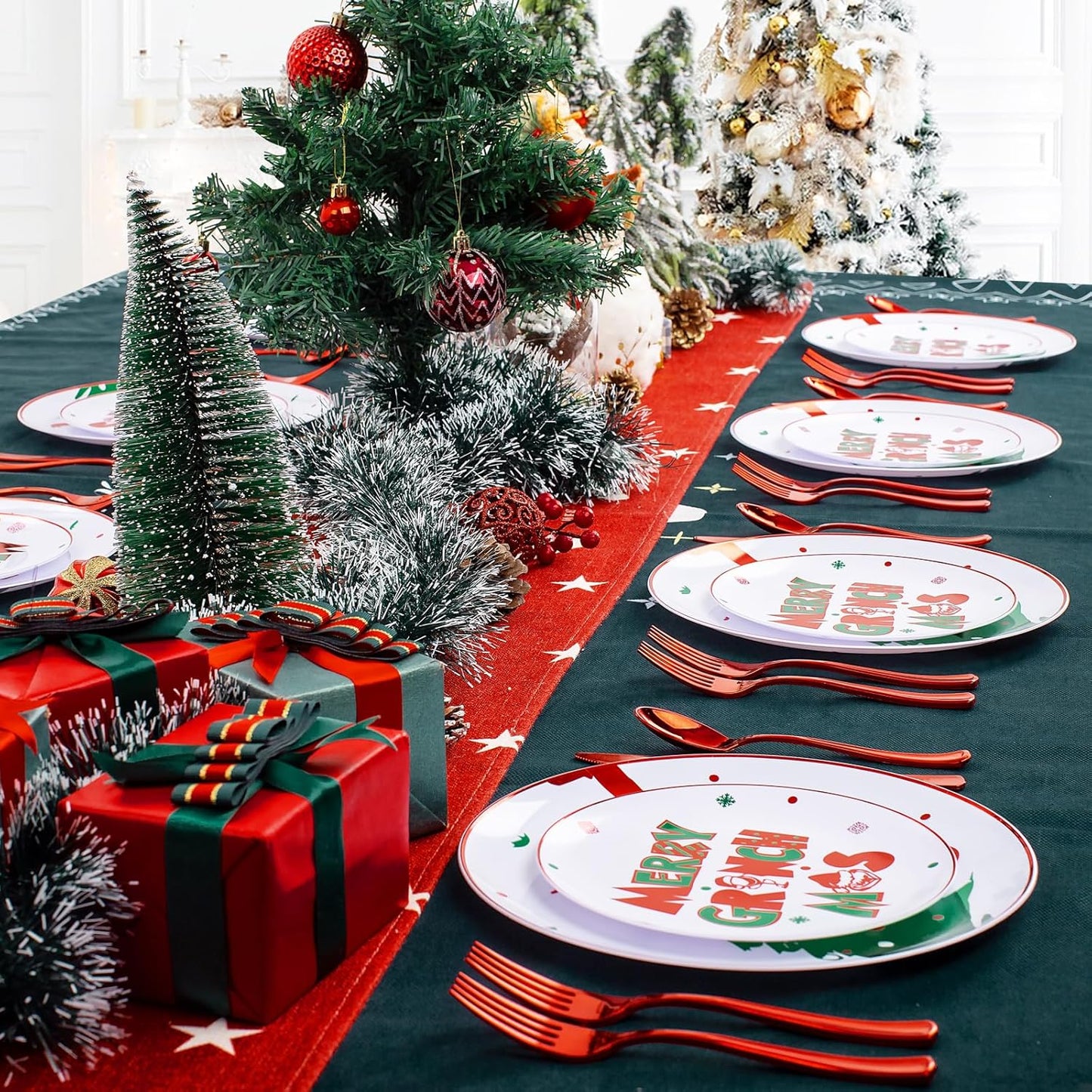 WELLIFE 60pcs Christmas Plates-30 Plastic Green Monster Dinner Plates and 30 Green Monster Dessert Plates,Red and green Plastic Plates with Christmas Tree Patterns