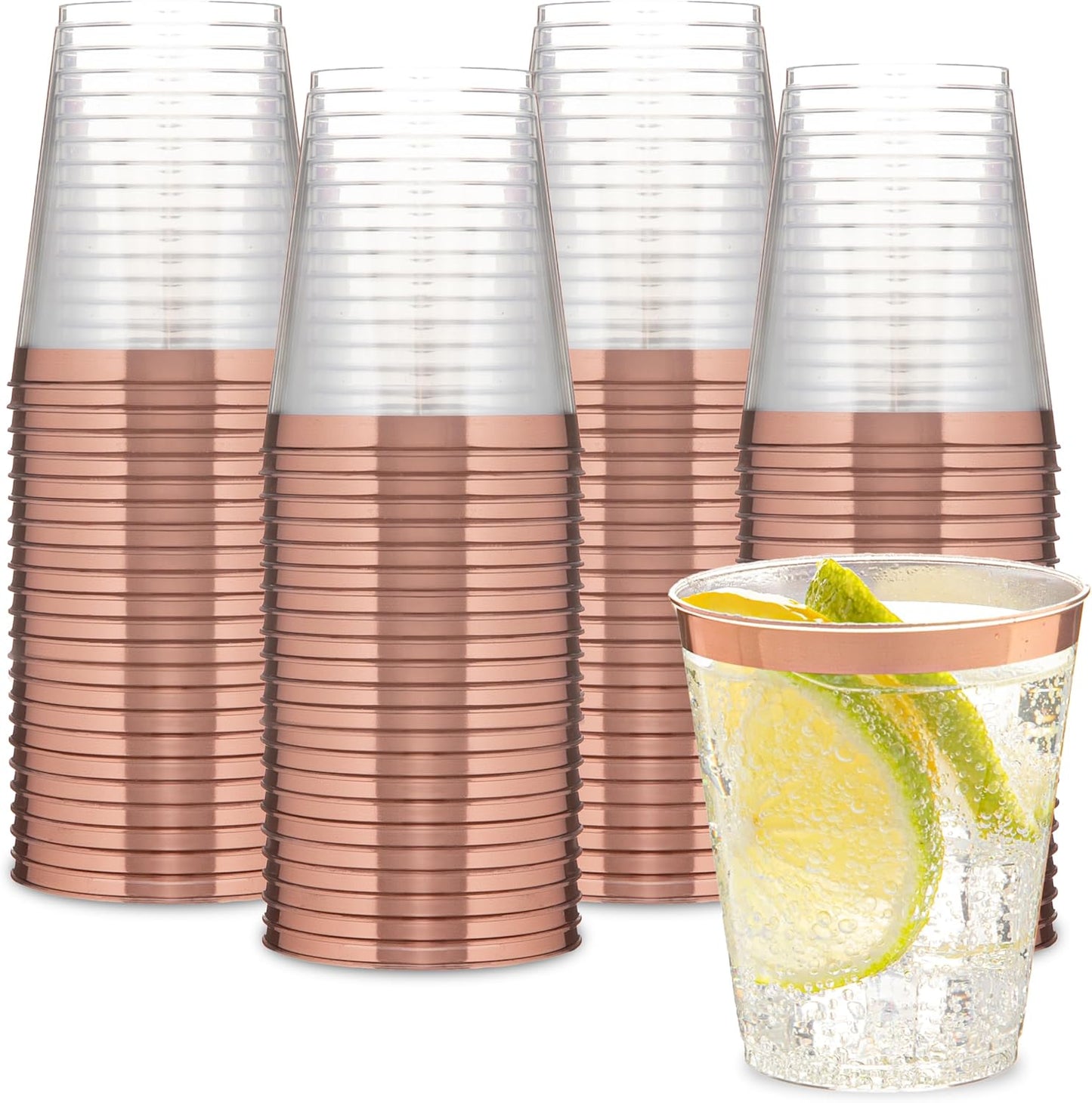 PLASTICPRO Disposable 7 oz Crystal Clear Plastic Tumblers With Rose Gold Rim for Party's & Weddings pack of 100