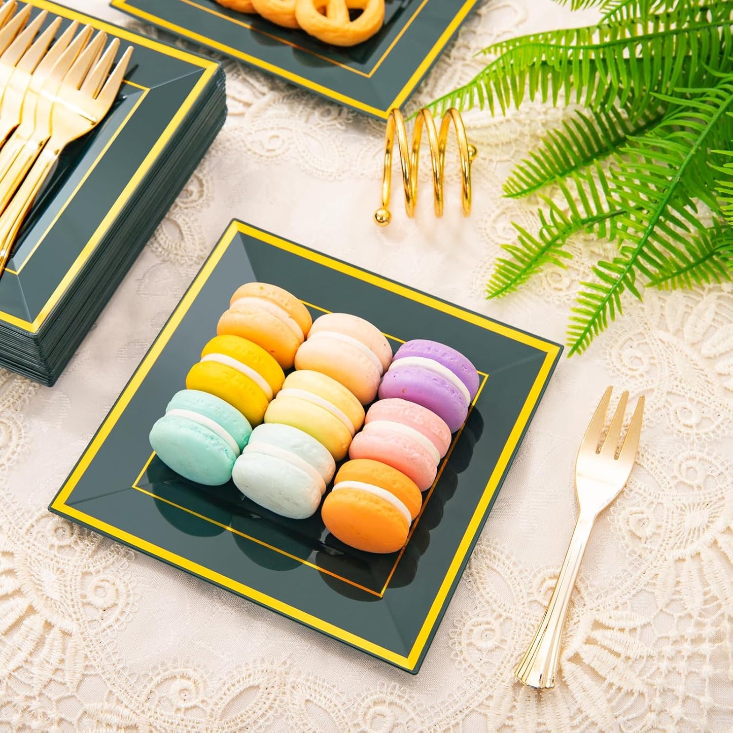 WDF 200PCS Green and Gold Plastic Dessert Plates with Plastic Forks -6’’ 100 Square Disposable Appetizer Plates Small Plates Cake Plates with Gold&100 Green Small Appetizer Forks for Christmas