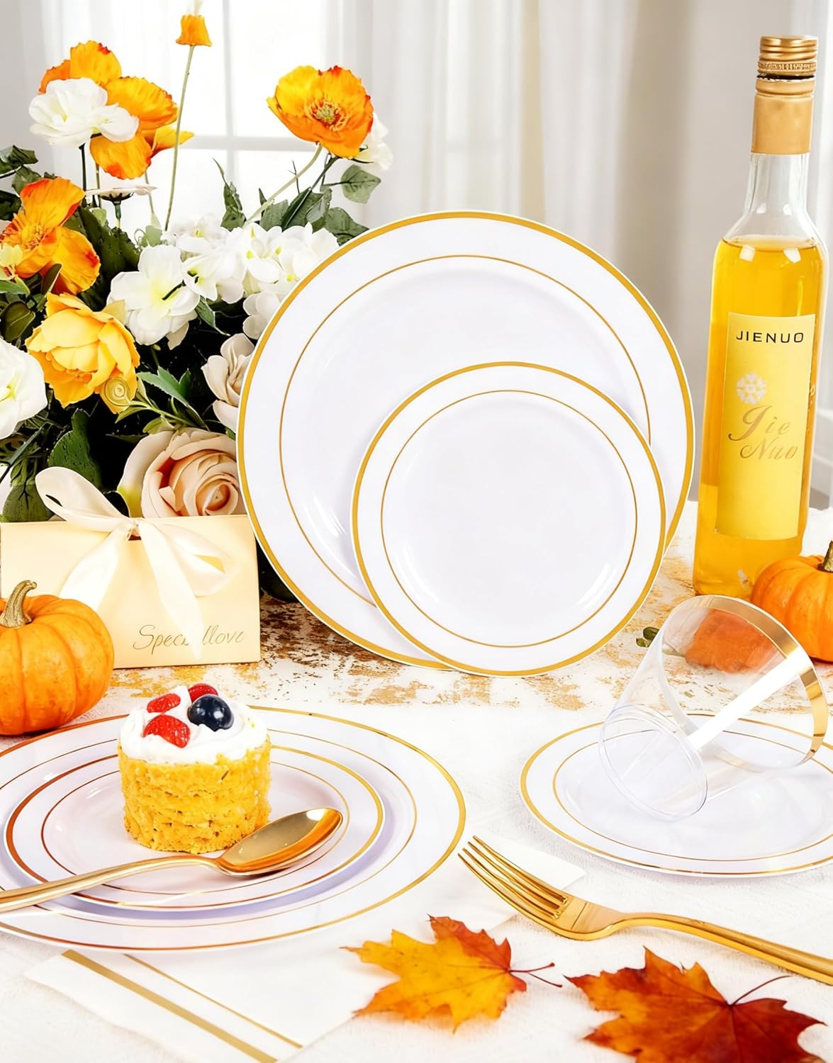 GATHER 350PCS White and Gold Plastic Plates - Disposable Plastic Dinnerware Set Include 50 Dinner Plates, 50 Dessert Plate, 150 Silverware, 50 Napkins, 50 Cups for Party & Wedding & Thanksgiving