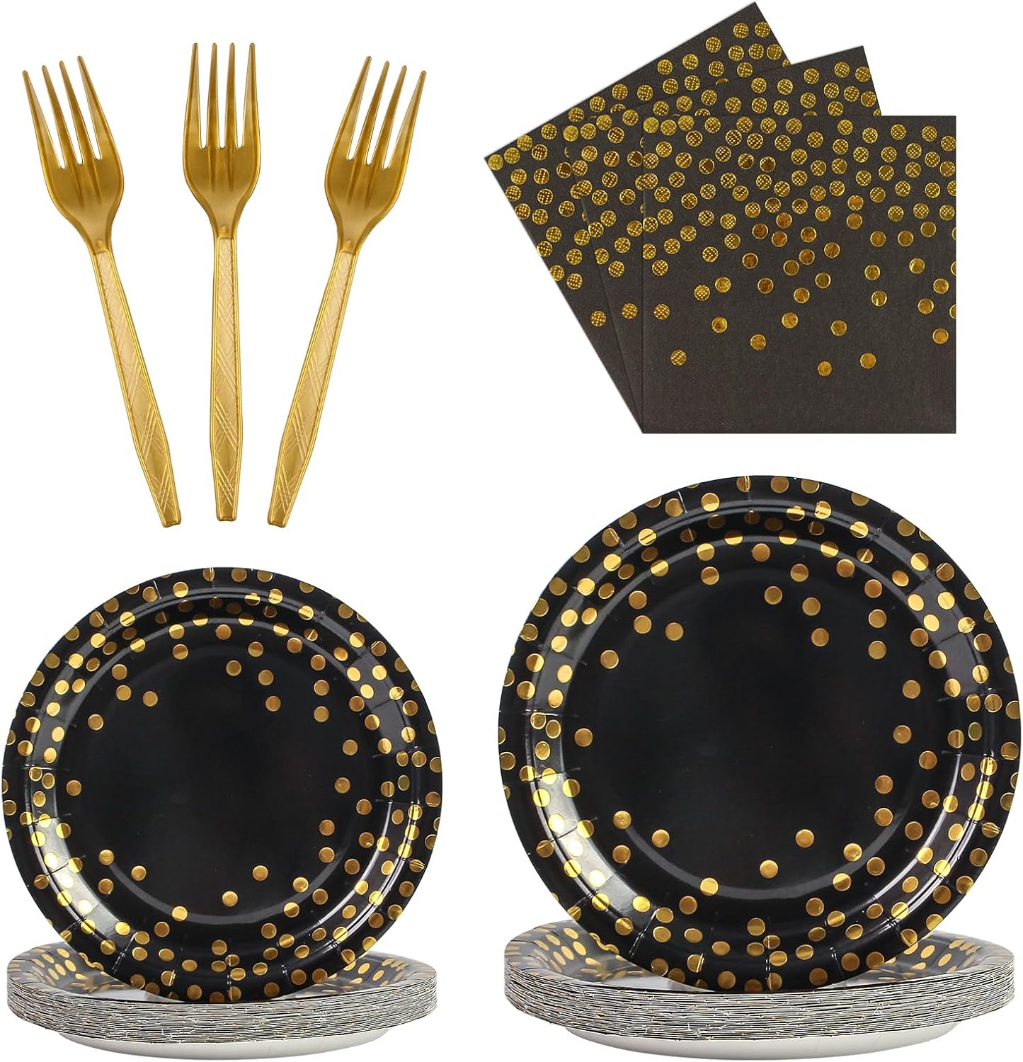 96PCS Black and Gold Plates and Napkins Party Supplies, Gold Dot Disposable Paper Plates and Napkins with Forks Tableware Set for Birthday Wedding Retirement Graduation Party Decorations 24 Guests