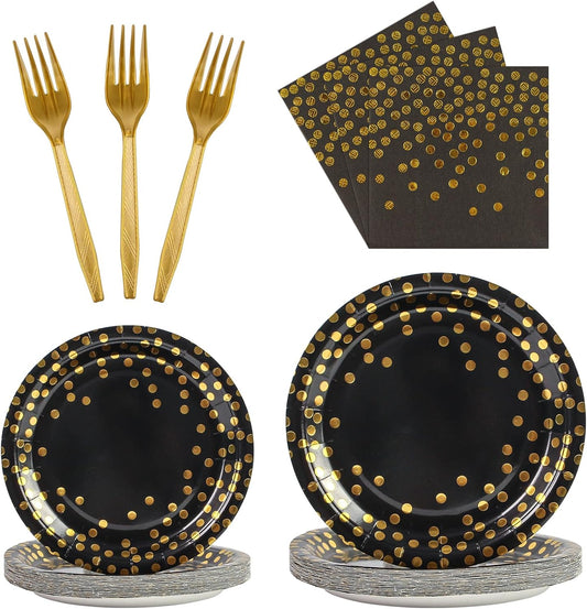 96PCS Black and Gold Plates and Napkins Party Supplies, Gold Dot Disposable Paper Plates and Napkins with Forks Tableware Set for Birthday Wedding Retirement Graduation Party Decorations 24 Guests