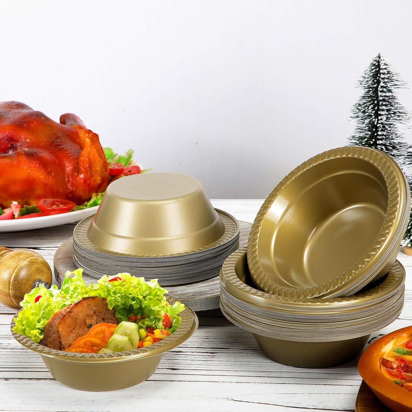 Lallisa 100 Pcs 12oz Gold Disposable Plastic bowls Dessert Cups Ice Cream Snack Salad Soup Food Serving Bowls for Party Favor Picnic