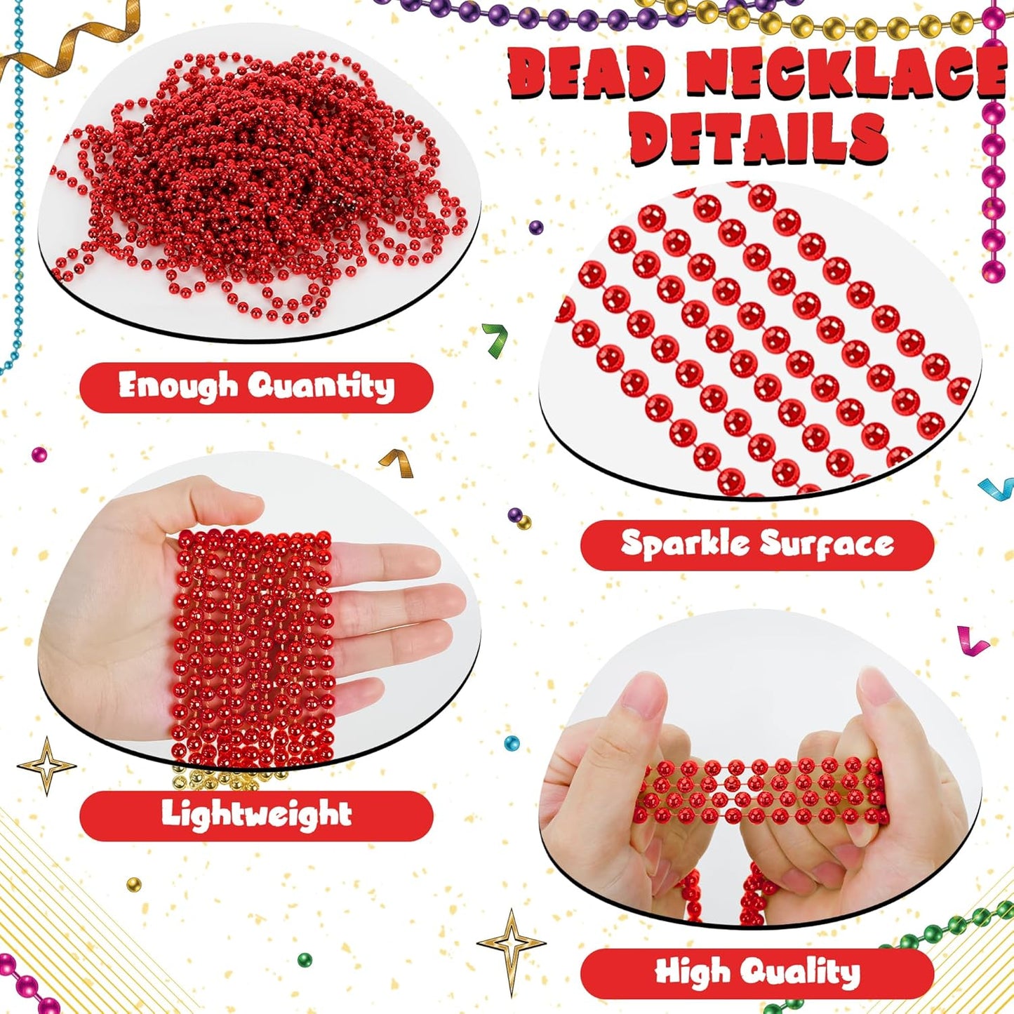 12 PCS Red Bead Necklace, 33" Red Christmas Beads Necklaces, 33" Carnival Beaded Stuff, Mardi Gras Beads Throws, Round Beads Necklaces for Mardi Gras Party Favors Christmas Celebrations Decorations