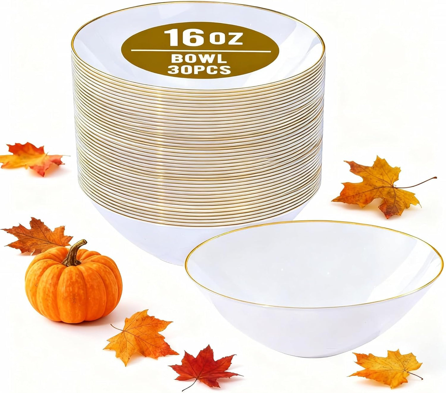 I00000 16 Oz 30 Count White Disposable Soup Bowls with Gold Rim Plastic Bowls Disposable Premium Heavyweight Elegant Plastic Salad Bowl for Thanksgiving, Parties, Weddings