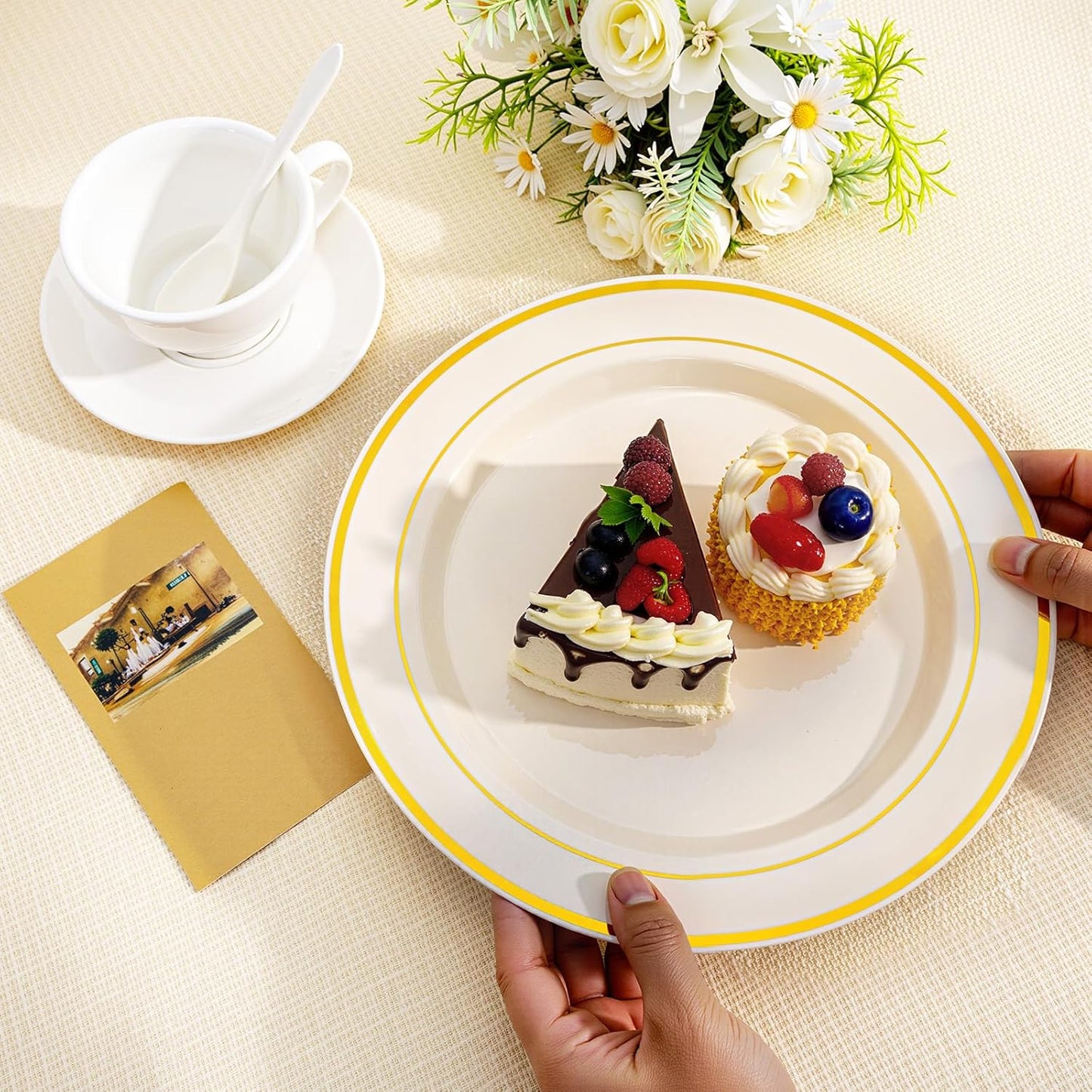 I00000 200 Pcs Gold and Ivory Plastic Plates, Ivory Disposable Party Plates Include 100 Dinner Plate 10’’ and 100 Plastic Dessert Plate 7’’ Perfect for Birthday, Party & Wedding