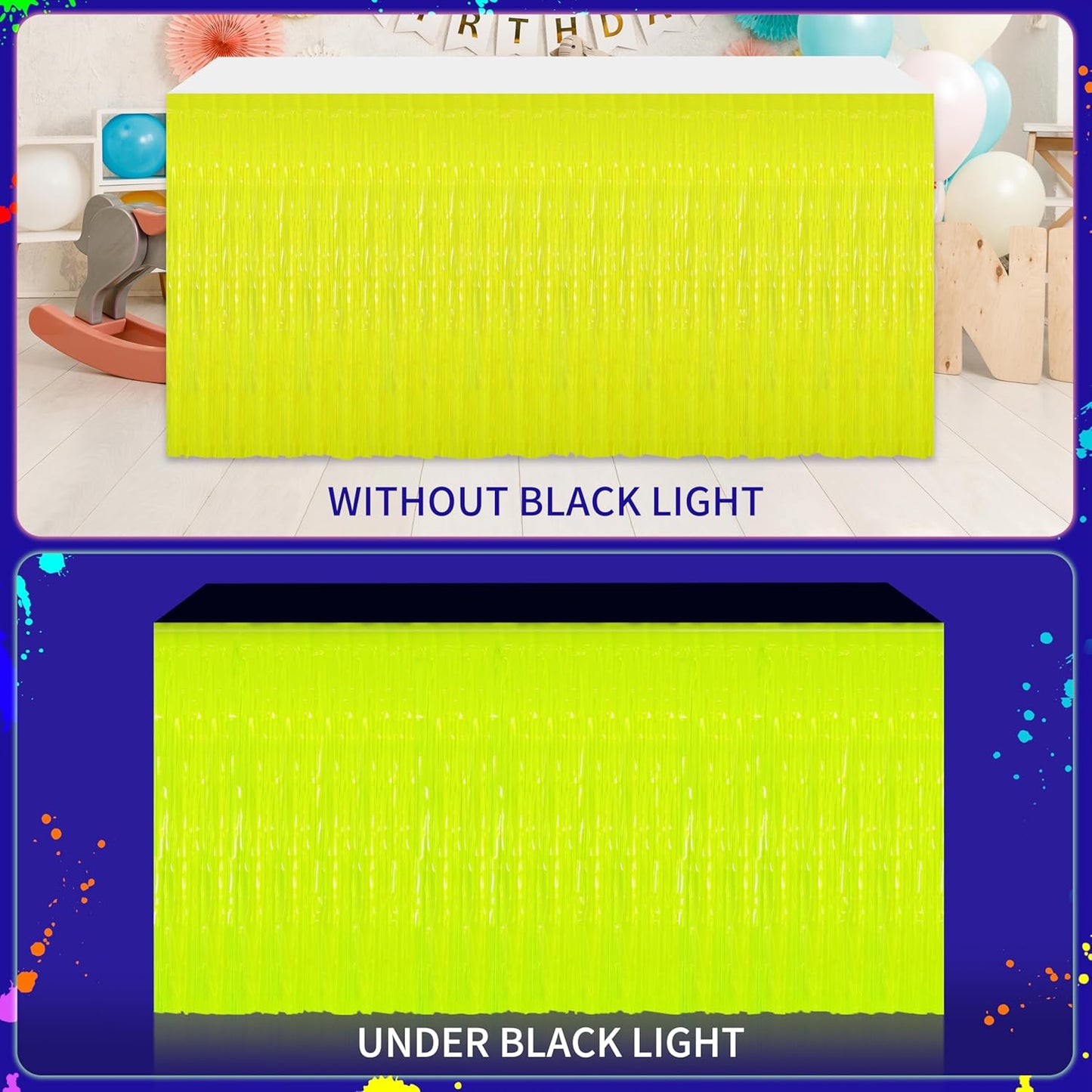 Glow in the Dark Party Supplies - 6Pack Neon Tinsel Fringe Table Skirts Party Decoration， 31.5"x118" UV Reactive & Fluorescent Neon Streamers for Glow Party, Birthday, Rave, Blacklight Event