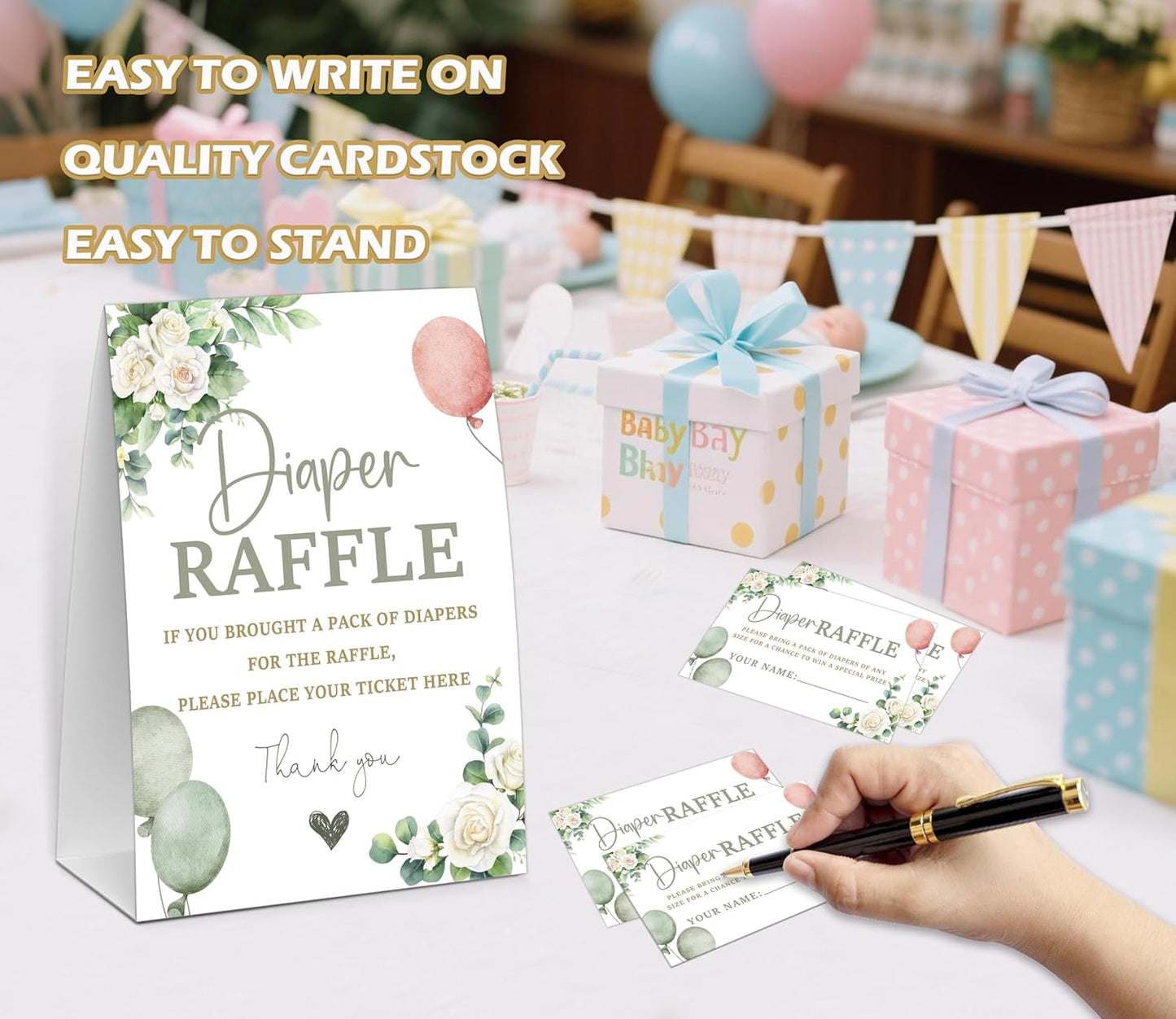 Sage Green Baby Shower Diaper Raffle, Baby Shower Game, Include One 5×7 Sign and 50 Diaper Raffle Tickets, Greenery Balloons Gender Reveal Party Decoration Supplies - FG07