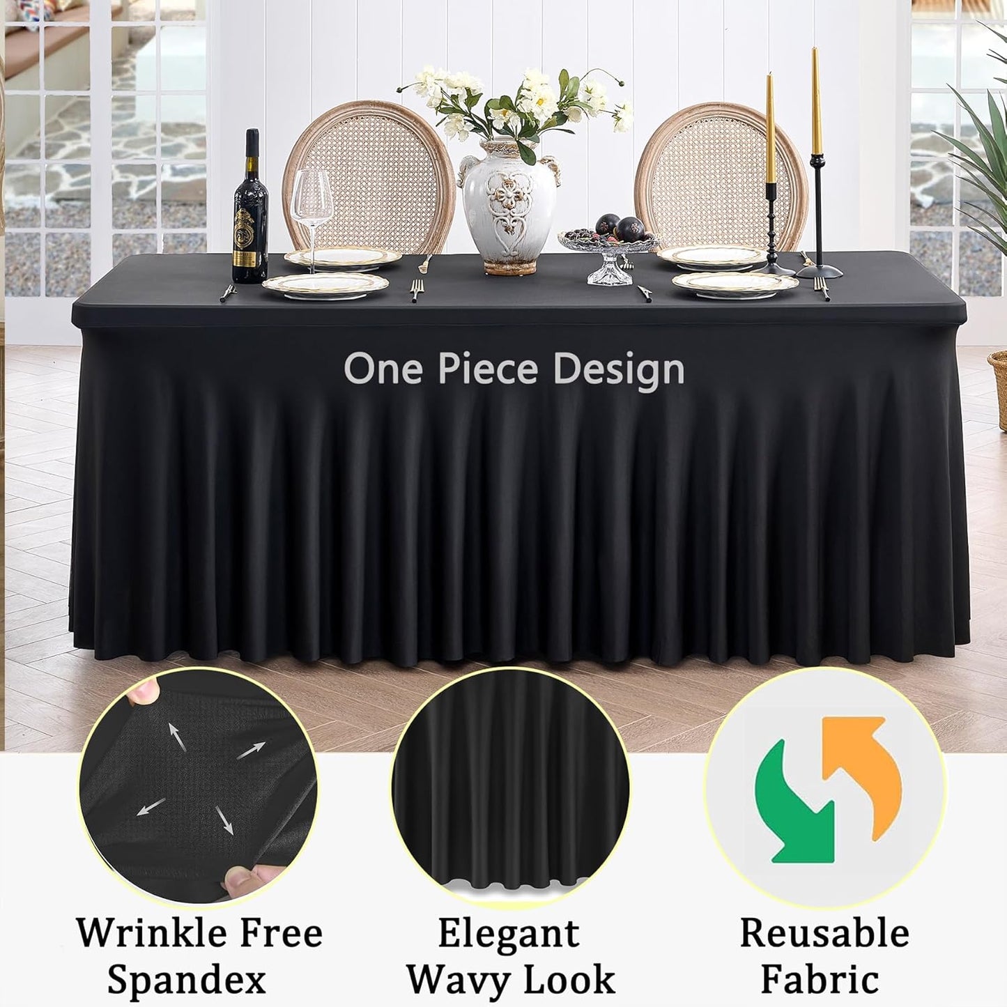 12 Pack Black Spandex Tablecloth for 6 Foot Rectangle Tables, Wrinkle Free Fitted Table Cloth Cover 6ft Black Stretchy Tablecloths with Skirt for Parties Weddings Birthday Banquet Baby Shower