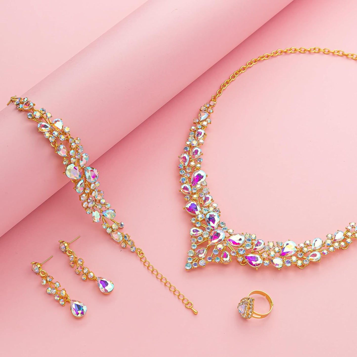 Crystal Bridal Wedding Jewelry Sets for Women Rhinestone Teardrop Crystal Statement Choker Necklace Drop Earrings Link Bracelets Rings Teardrop Jewelry Set for Brides Bridesmaids