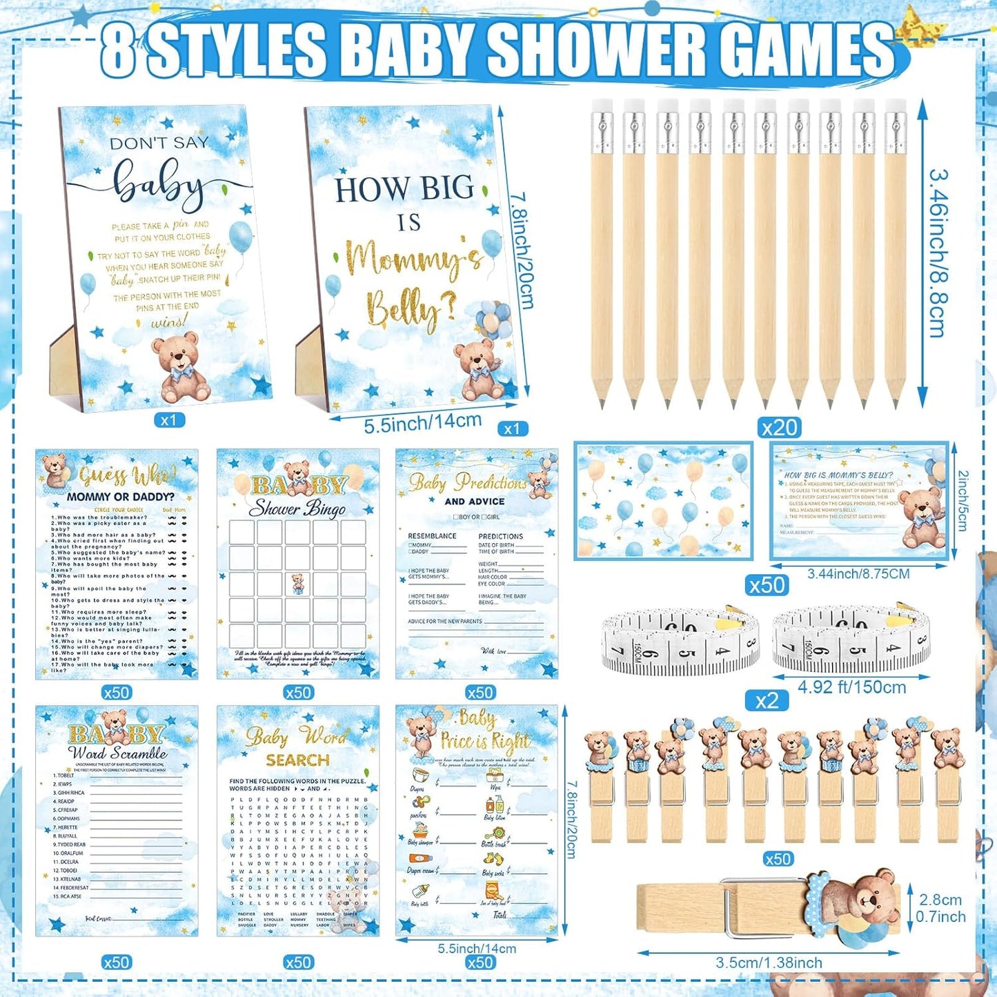 426 Pcs Bear Baby Shower Games Set-8 Games, Includes Baby Shower Bingo, Price is Right, Guess Who, Word Scramble, Prediction and Advice, How Big is Mommy's Belly, Don't Say The Words