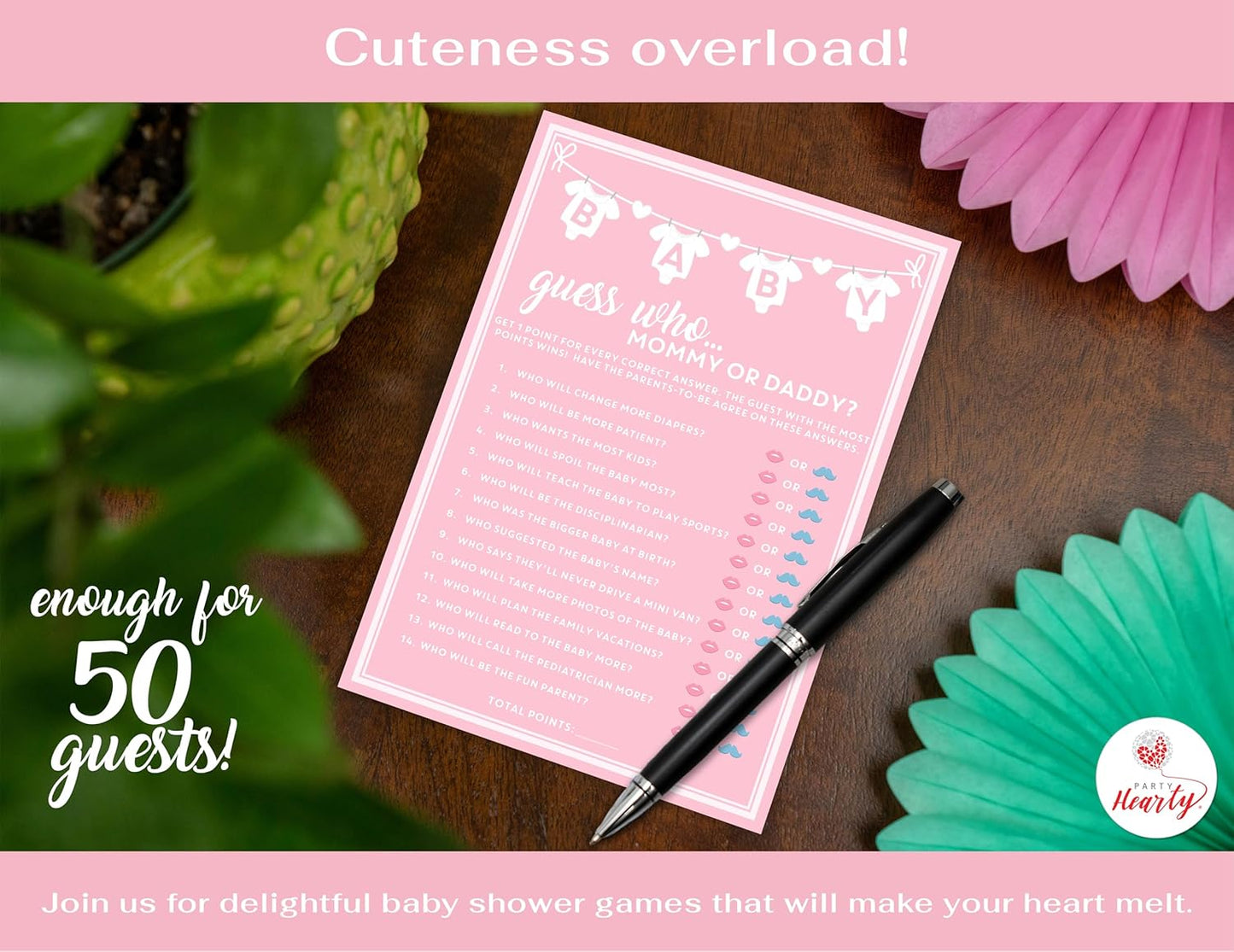 Party Hearty Baby Shower Games for Girl, 50 pcs Pink Mommy or Daddy Guess Who Game, Fun Activity Cards, Ideas