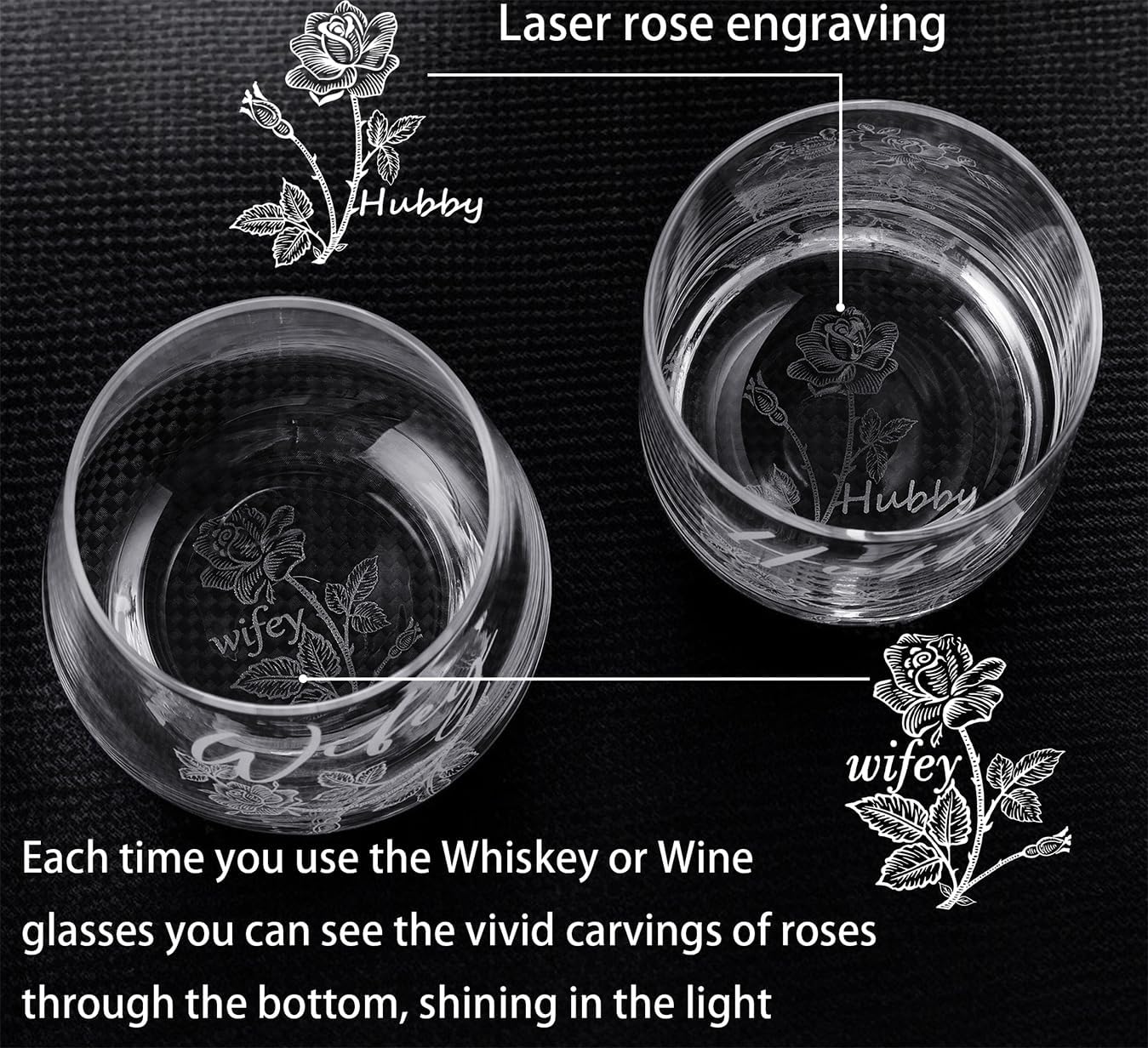 Laser engraving Wedding Gifts for Couples – His and Hers Whiskey & Wine Glasses with Glass Ornament | Perfect Bridal Shower, Engagement Gifts for Hubby and Wifey