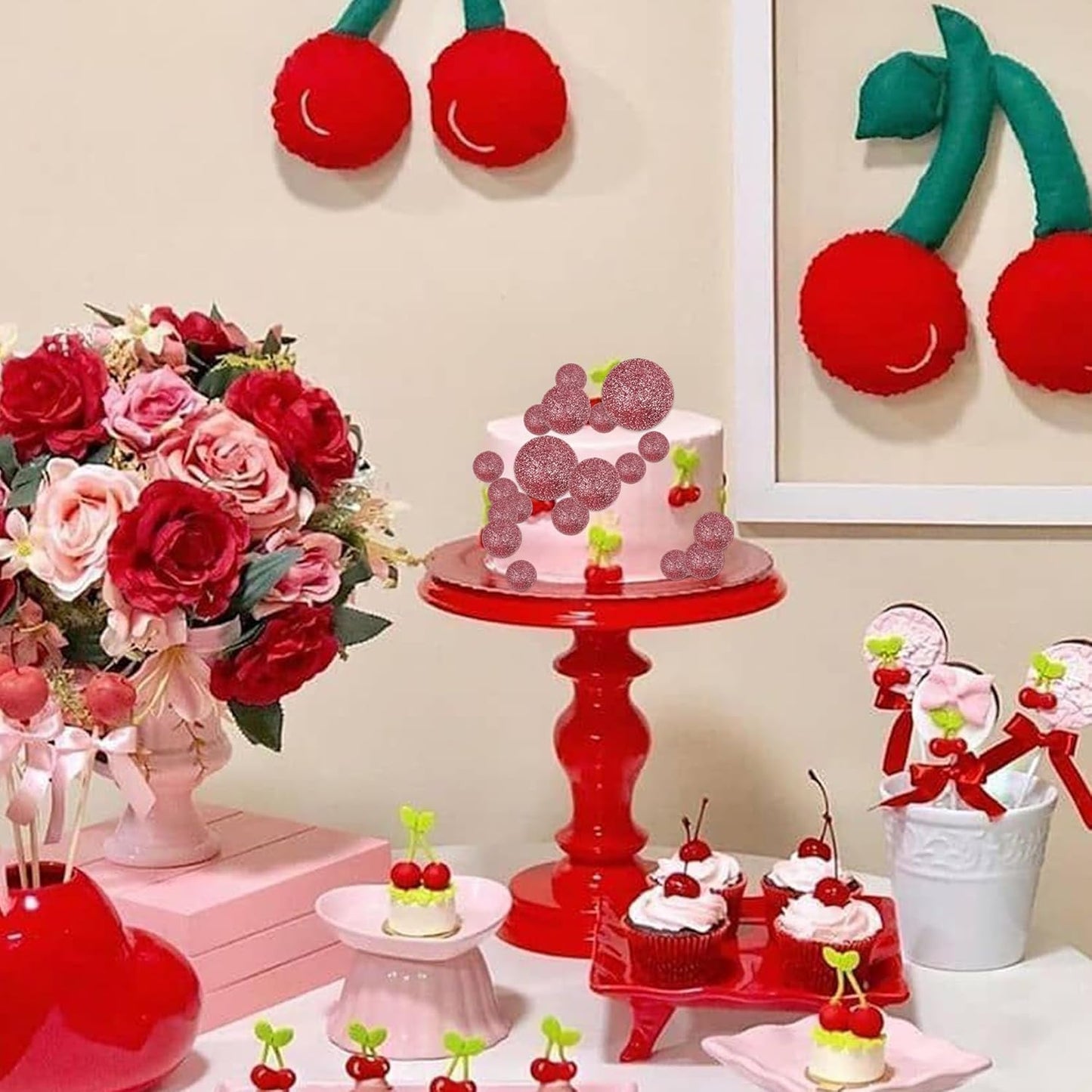 24 PCS Glitter Balls Cupcake Toppers Foam Ball Cake Picks Mini Balloon DIY Cake Insert Topper Decoration for Baby Shower Wedding Anniversary Kids Birthday Party Decorations Rose Gold