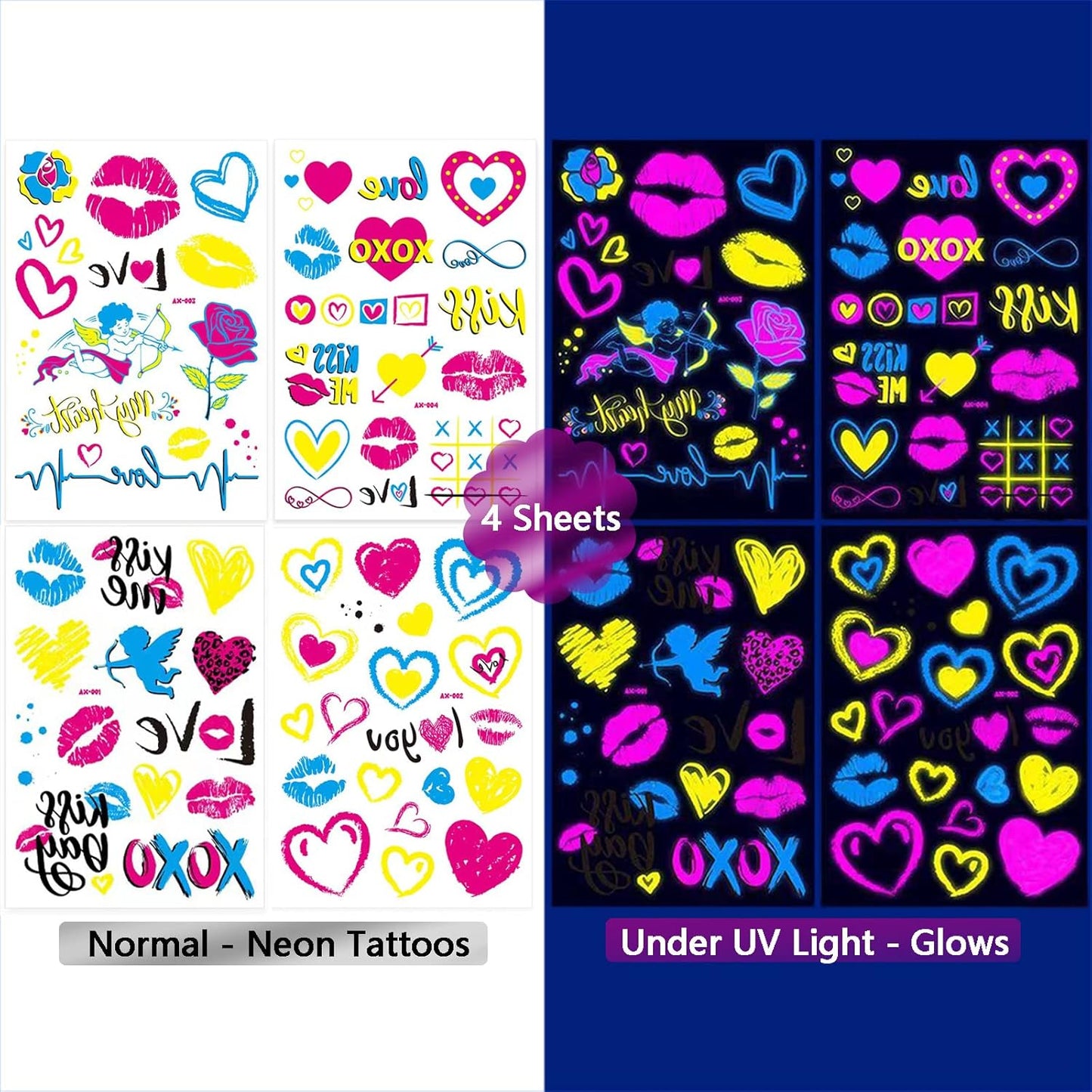 Neon Temporary Tattoos New Love Mixed Style Glitter Cupid Red Lips Heart Flower Glow In The Dark UV Neon Tattoos Stickers 60 Flash Fake Waterproof Tattoos for Women Girls Body Art