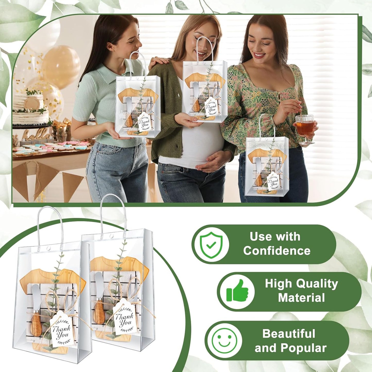 43 Pcs Baby Shower Game Prizes for Winners 6 Sets Baby Shower Prizes for Game Player with Bamboo Cheese Board Oak Knife Fork Placemats Artificial Eucalyptus Stems Tags Bags