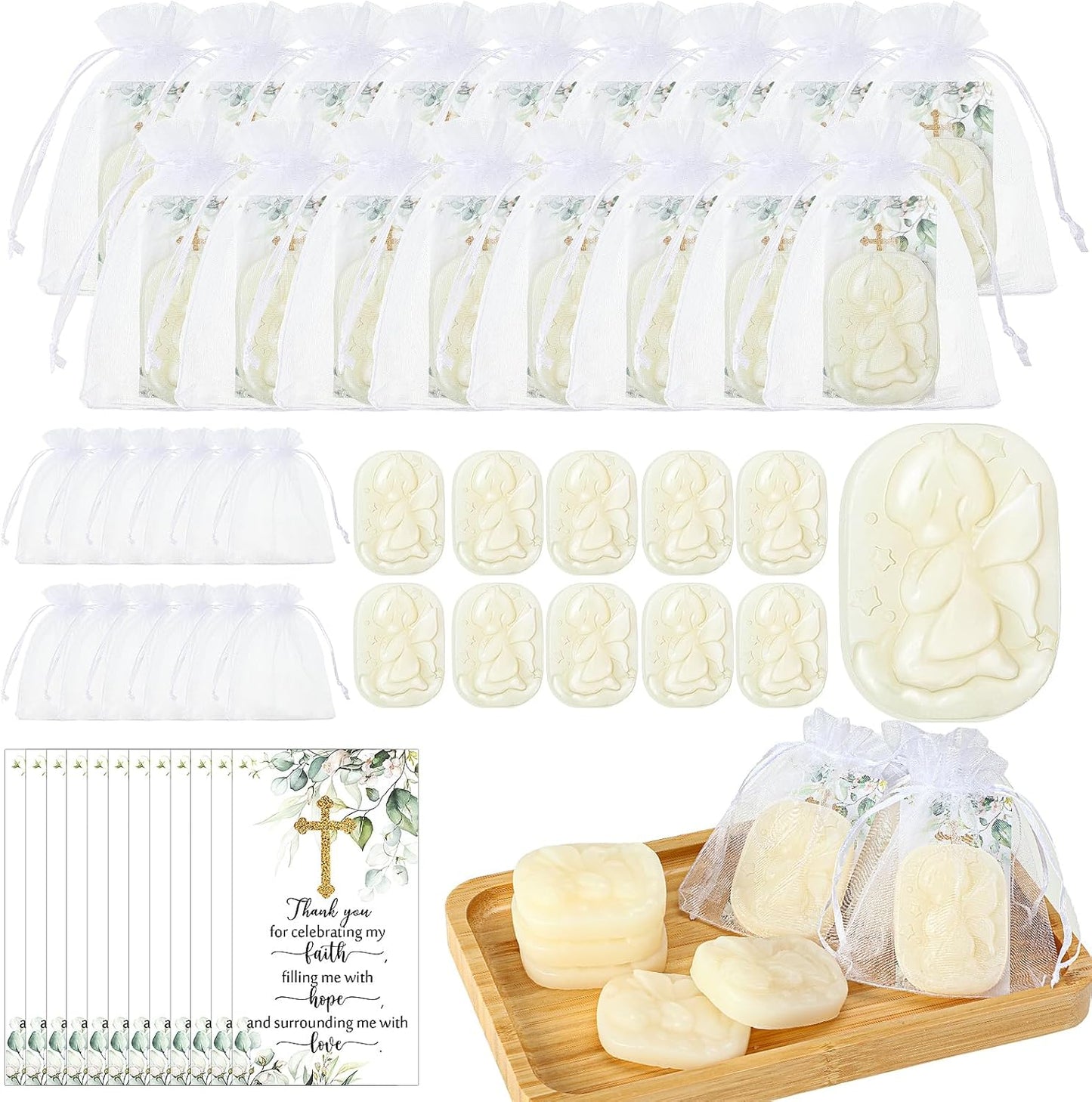50 Sets Baptism Party Favors for Guests Baptism Soap Bulk Angel Shaped Soap with Thank You Gift Tags and Organza Bags for Religious Christian Christening Communion Wedding Bridal Baby Shower
