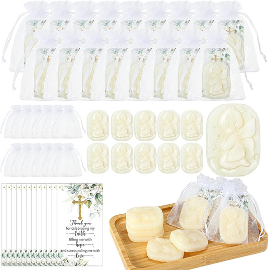 50 Sets Baptism Party Favors for Guests Baptism Soap Bulk Angel Shaped Soap with Thank You Gift Tags and Organza Bags for Religious Christian Christening Communion Wedding Bridal Baby Shower