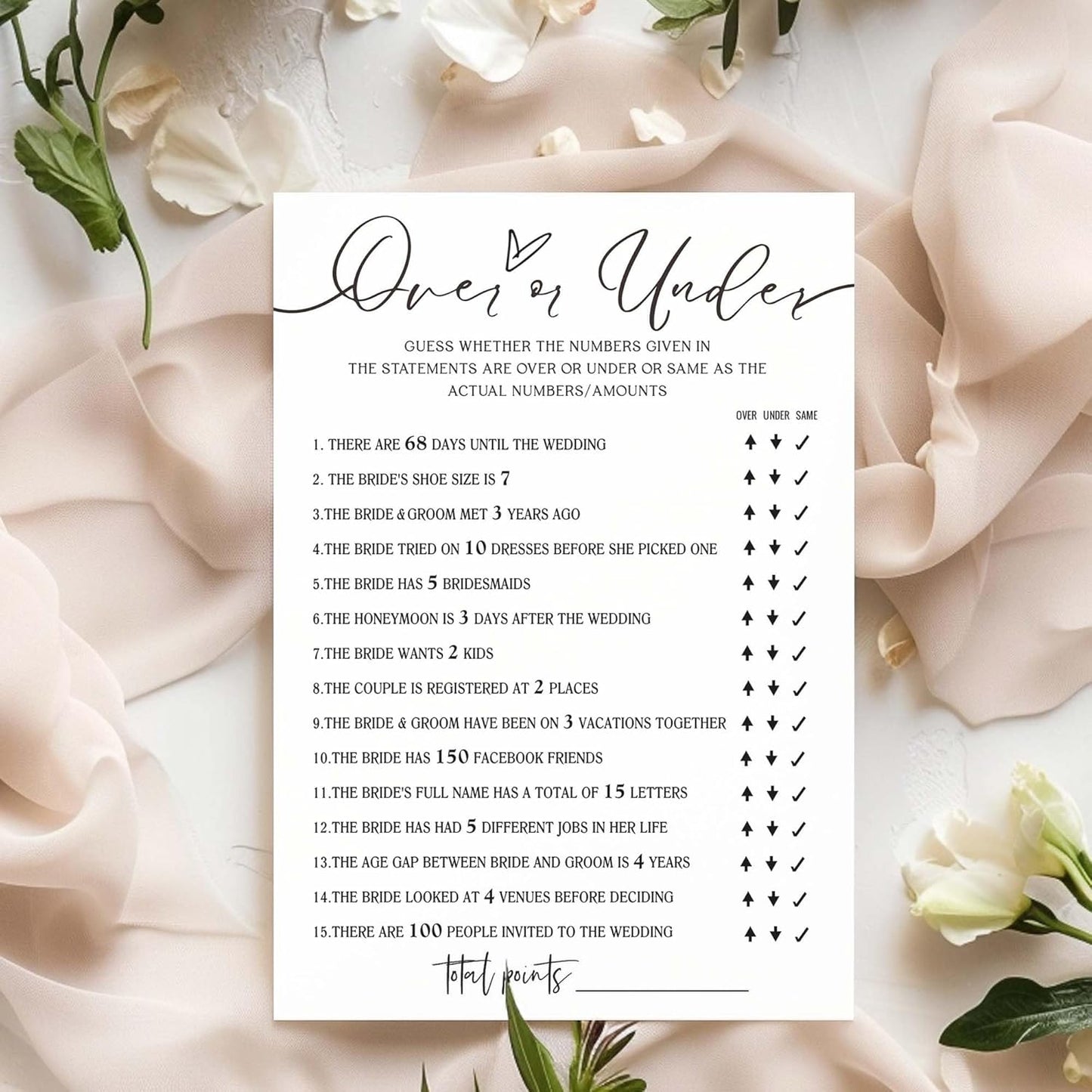 Wedding Shower Games Cards, Guess Over or Under, Bridal Shower Games 25 Guests, Engagement Party Wedding Games for Guests, Minimalist White Wedding Party Supplies - A13