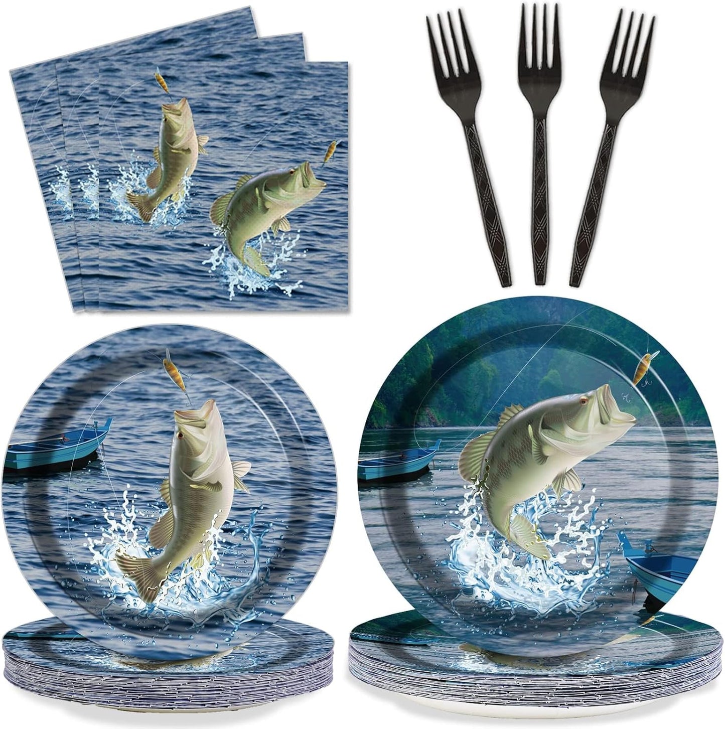 ZOIIWA 200 PCS Gone Fishing Tableware Disposable Paper Plates Napkins Fishing Tournament Birthday Party Supplies Dinnerware Set Napkins Party Decoration Serve 50 guest