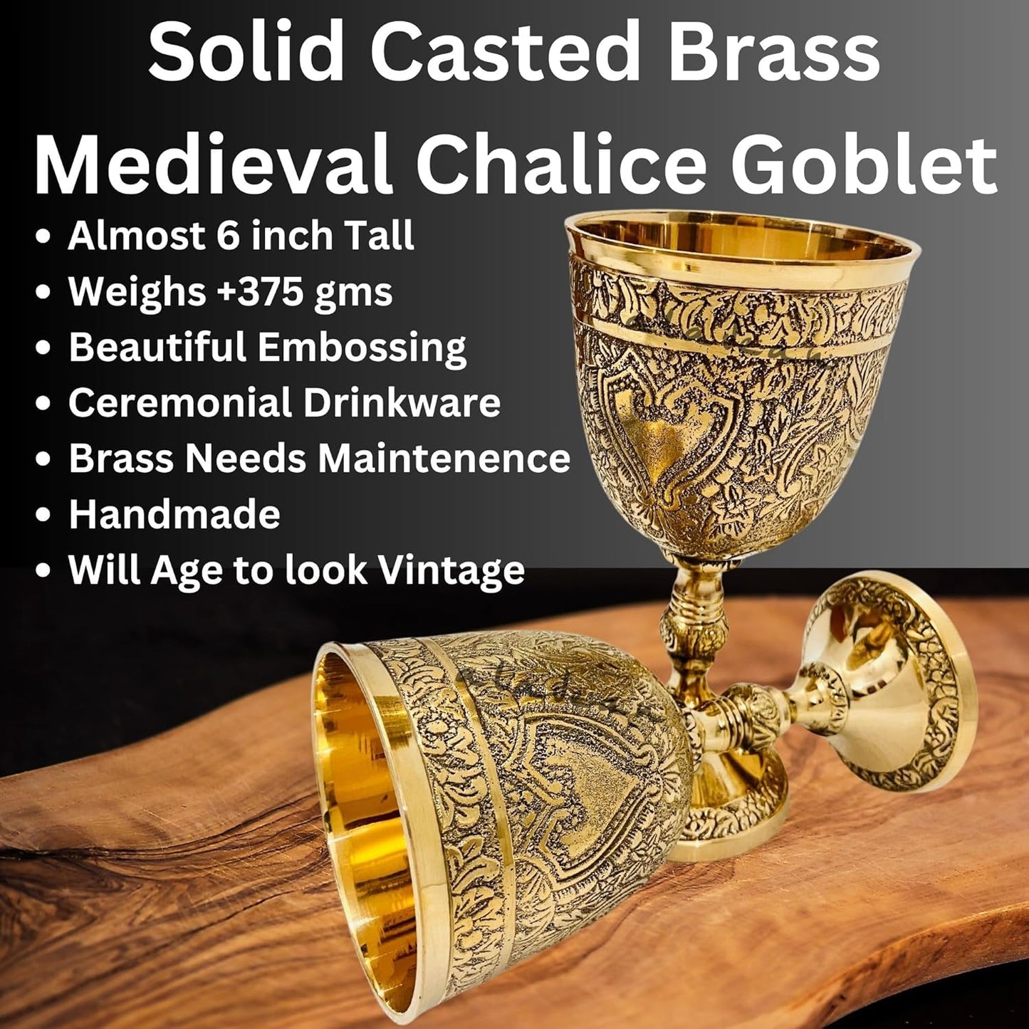 ALADEAN Vintage Chalice Medieval Goblet | 1x Solid Brass 6" Royal Wine Glass Cups 7oz - Renaissance Gifts Wedding Anniversary Novelty Ceremonial Drinkware Pack of 1pc (Roman Chalice)