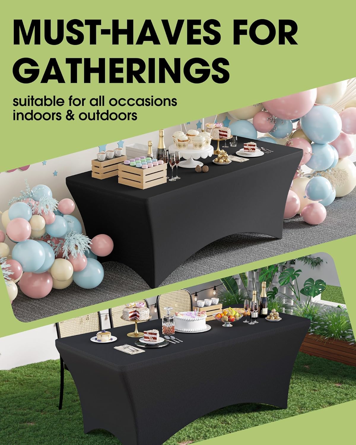 Pureegg Spandex Tablecloth 8ft - 6 Pack, Fitted and Stretch Table Cover for Rectangle Tables, Wrinkle-Resistant and Secure Fabric for Outdoor, Picnic, Party, Wedding, Banquet and Birthday, Black