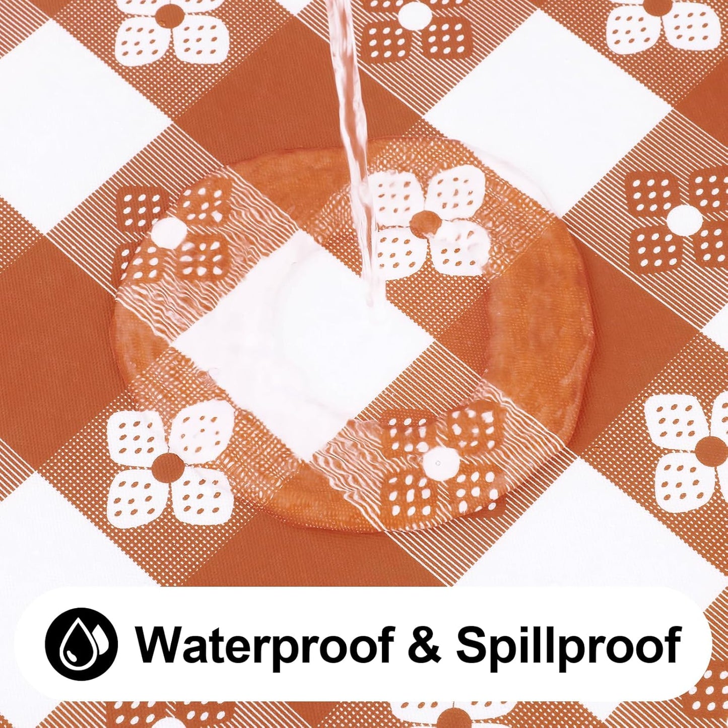 Rectangle Vinyl Table Cloth, Waterproof Elastic Fitted Tablecloth with Flannel Backing, Plastic Table Cover for Picnic, Camping, Outdoor (Rust & White, 30"x72")