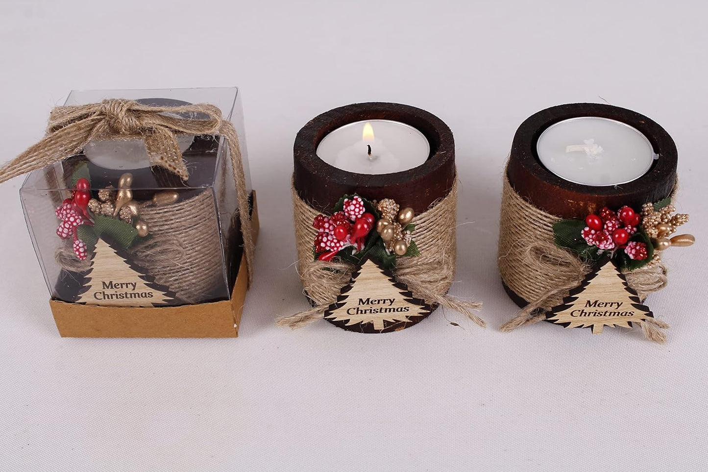 HTF Pack of 10 Christmas Decorations Wood Tealight Candle Holder, Coworker Gift, Happy, New Year, Christmas Candles, Noel Xmas Decoration (CH-Tree, Dark Brown)