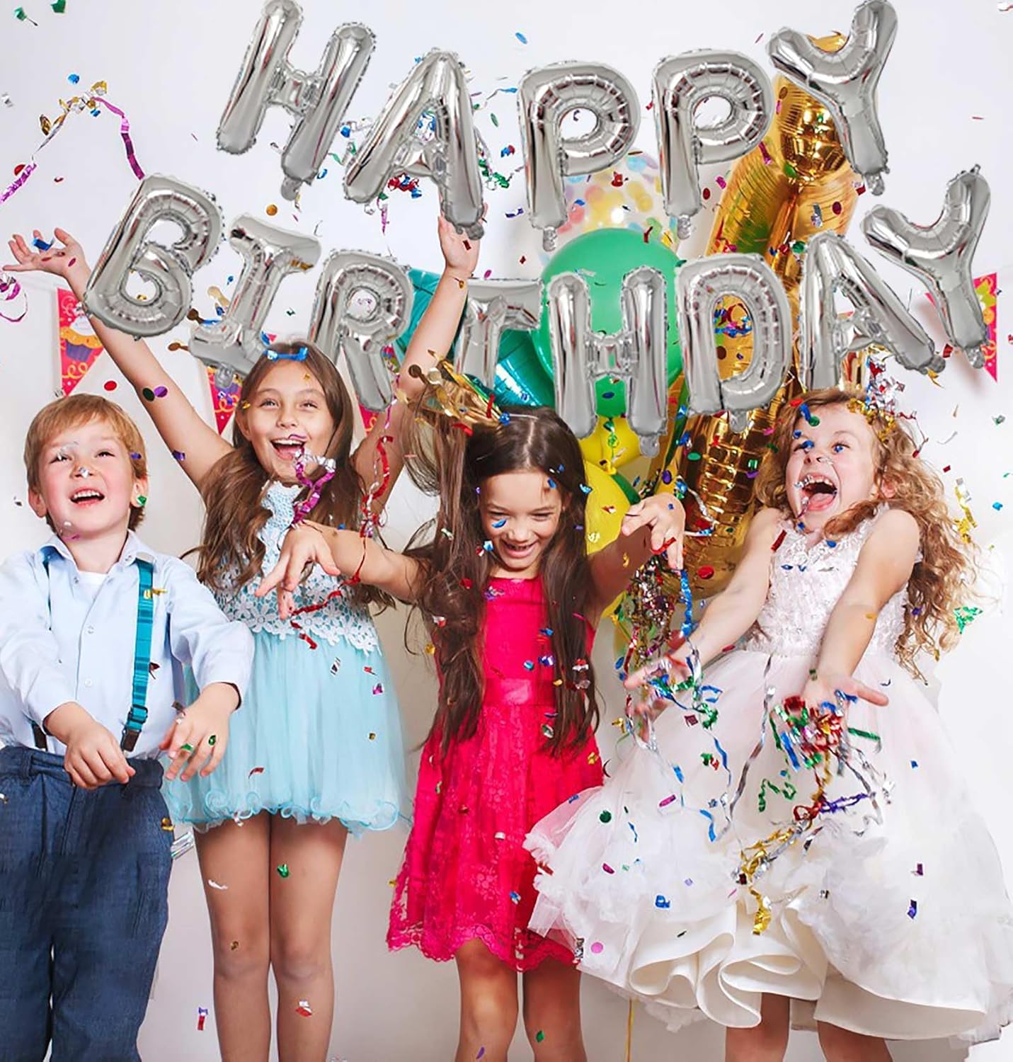 KALOR Silver Happy Birthday Balloons Banner, 16 Inch Mylar Foil Letters Balloon Sign for Women, Men, Boys & Girls Kids Birthday Decorations Photo Backdrop