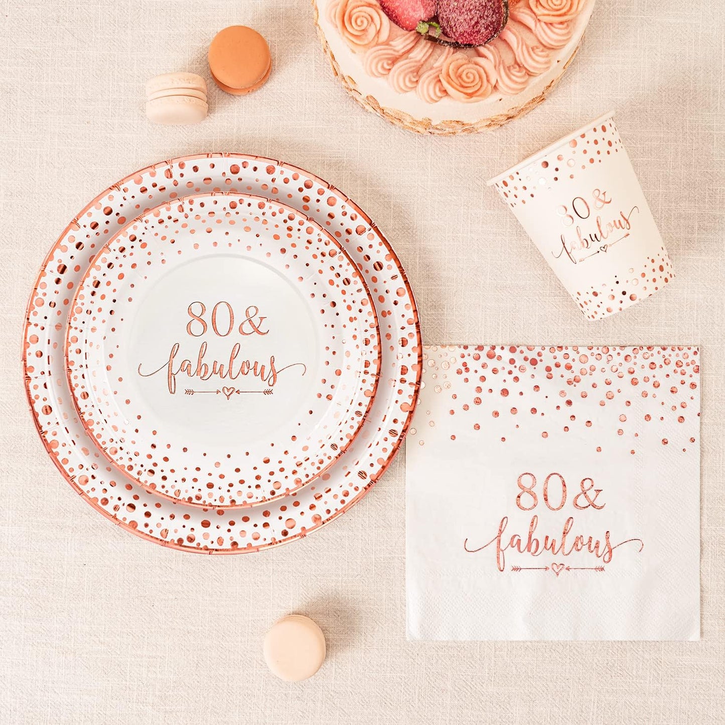 Crisky Rose Gold Foil 80 Fabulous Napkins Plates Cups Set for Women 80th Birthday Party Decorations Supplies, Disposable Tableware Set of 24 (9" Plates, 7" Plates, Luncheon Napkins, 9oz Cups)