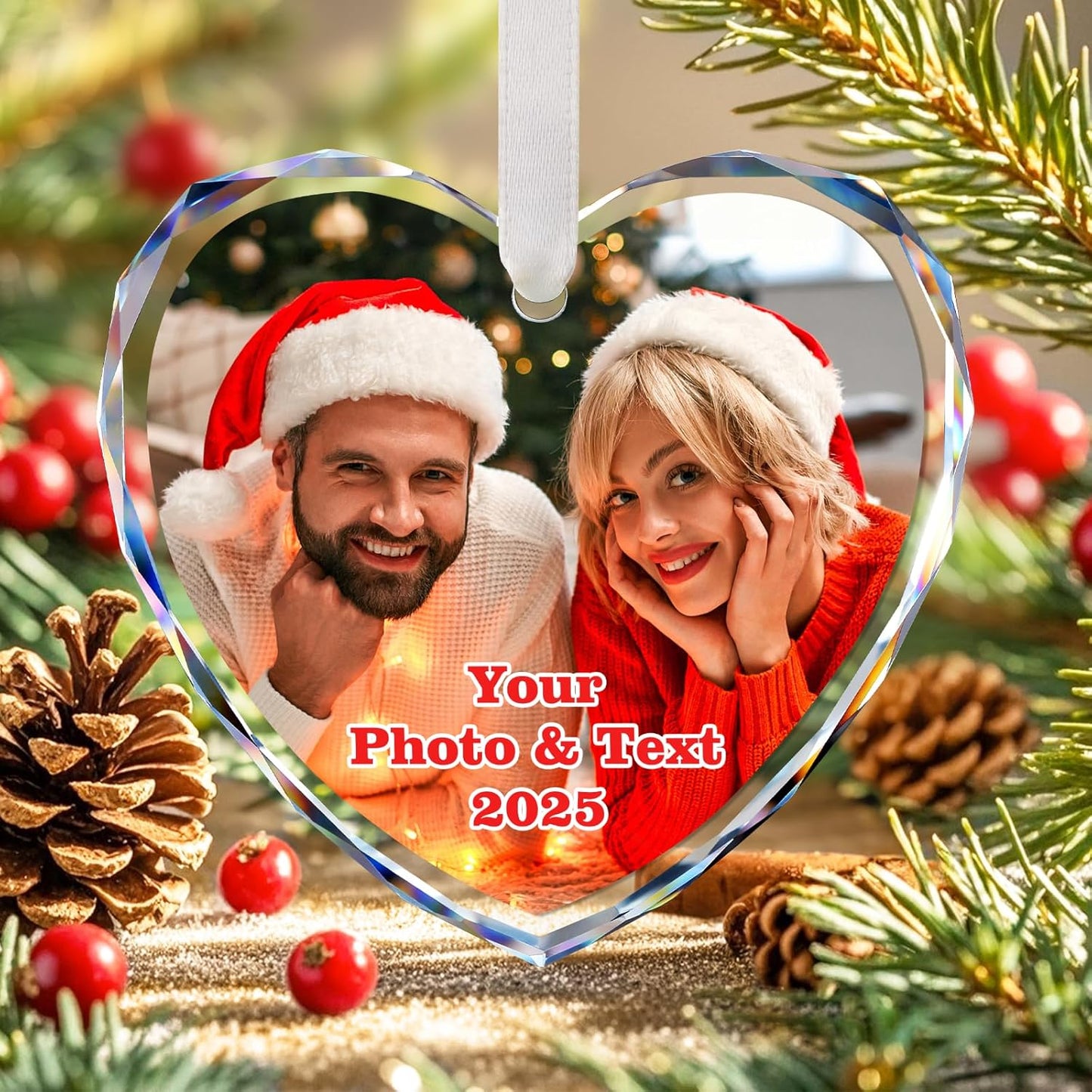 Personalized Christmas Ornaments 2025 with Photo & Text, Heart Acrylic Custom Christmas Ornament Wedding Gift for Family, Couples, Baby’s First Xmas, Bridal Shower Gifts for Bride