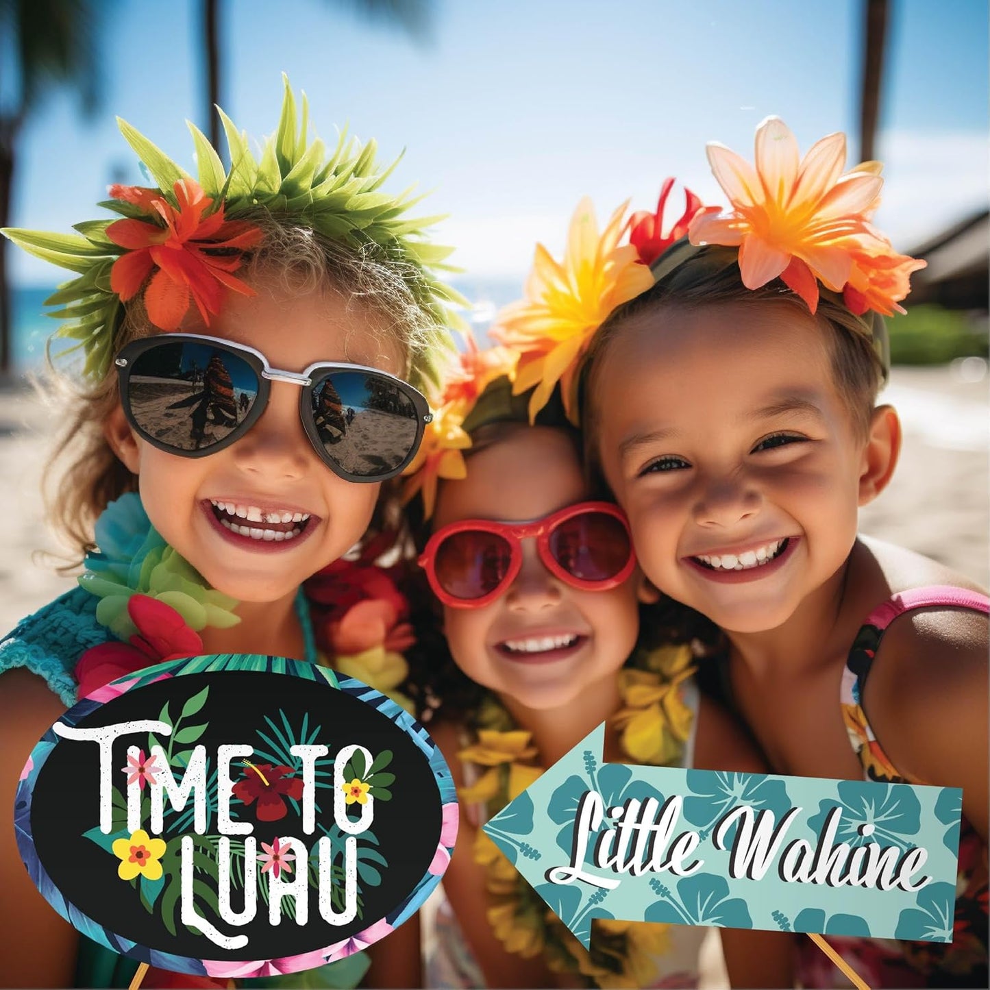 Hawaiian Photo Booth Props - 41-pc Luau Photo Props Kit with 8 x 10-Inch Sign, 60 Glue Dots, 45 Sticks - Vacation Props - Photo Booth Props Summer