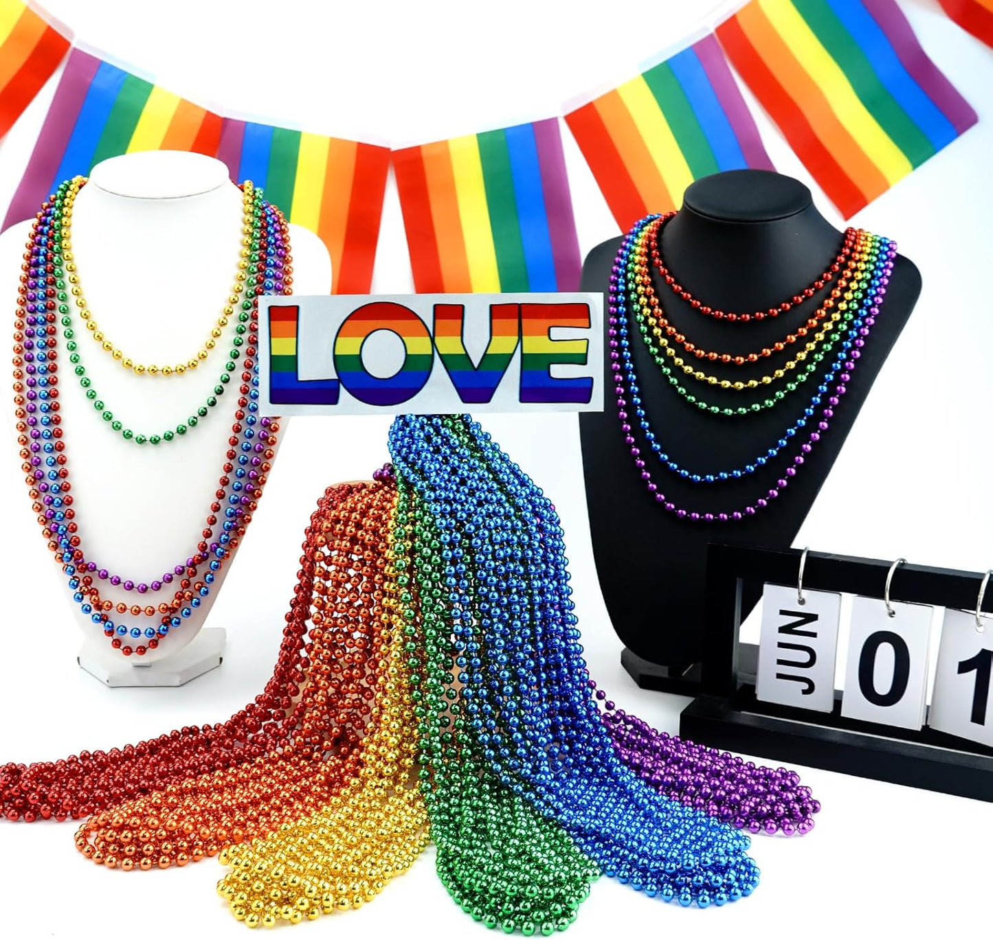 YAXINRUI 24 PCS Pride Beads Necklaces Bulk, LGBTQ Pride Beads Accessories Metallic Rainbow Bead Necklaces Stuff for Gay Lesbian Pride Month Parade Throws Pride Party Favors in 6 Colors