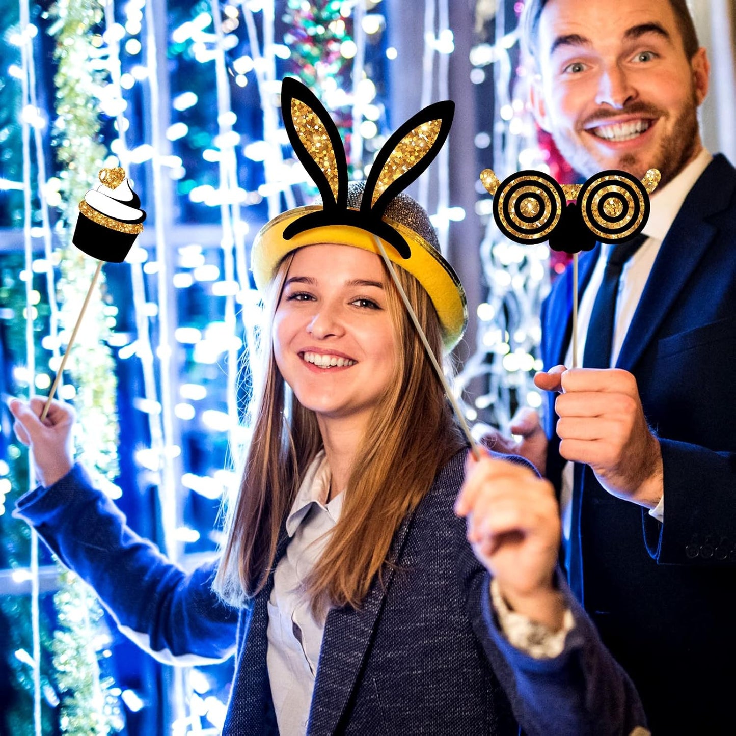 Zonon 24 Pieces Funny Photo Booth Props:Halloween,Christmas,Family Reunion, Class Reunion, Birthday, Weddings, Prom Disco Mardi Gras Party Supplies - Mix of Hats, Lipstick, Tie(Golden)