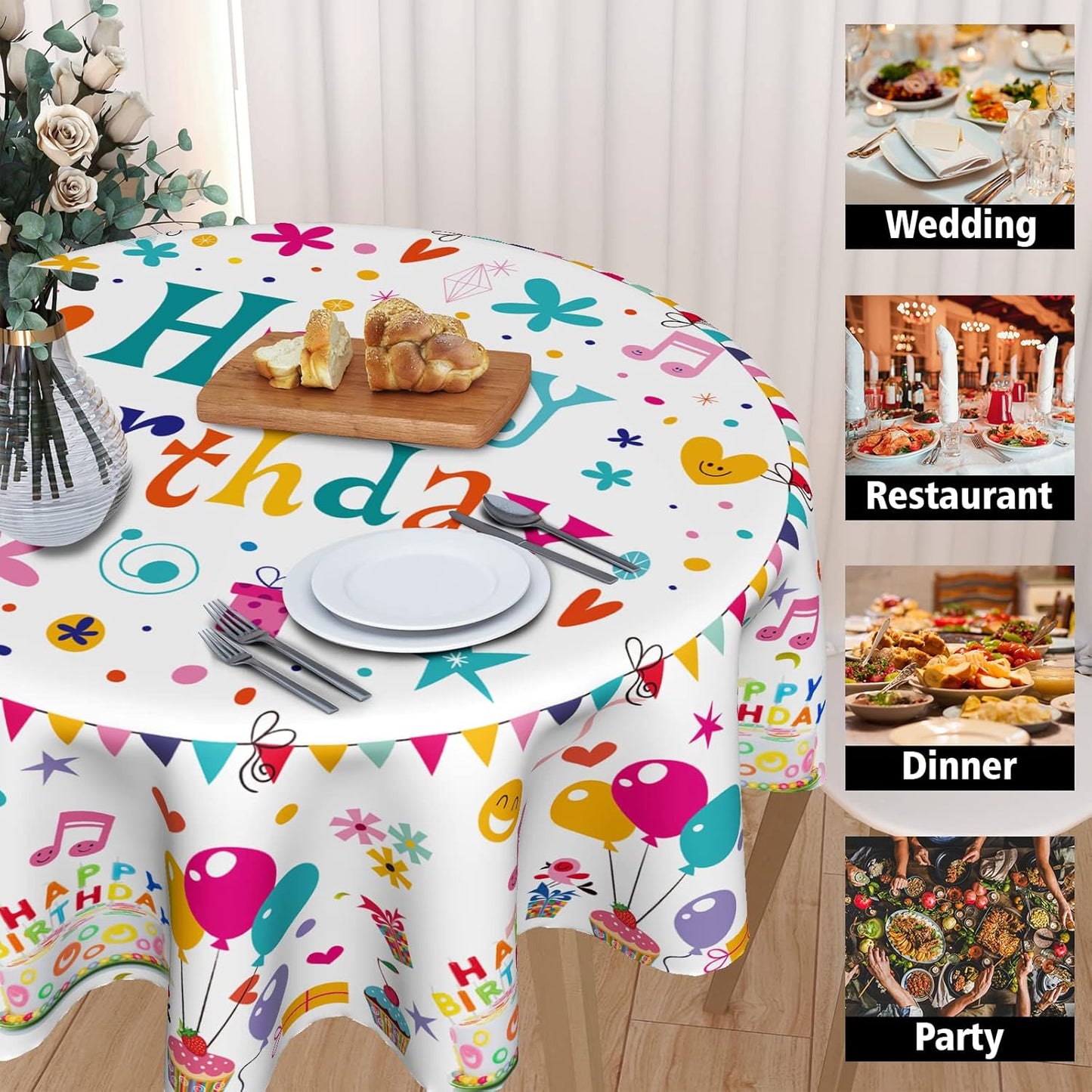 Giwawa Happy Birthday Round Tablecloth- Birthday Cake Design with Colorful Flags Balloons Gifts Collection- 60in Circle Table Cloth Cover for Birthday Party Decoration Kitchen Dining Room