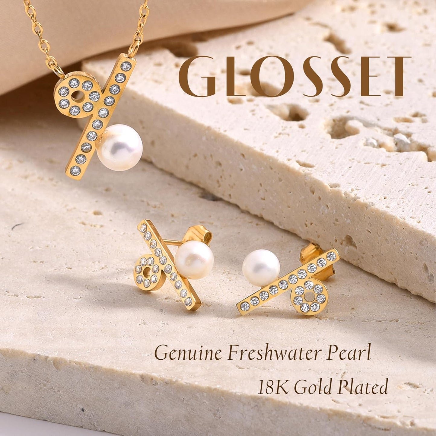 Pearl Necklace and Earring Set, 18K Gold Plated Earrings and Necklace Set for Women, Dainty Freshwater Pearl Jewelry Set for Women Gift