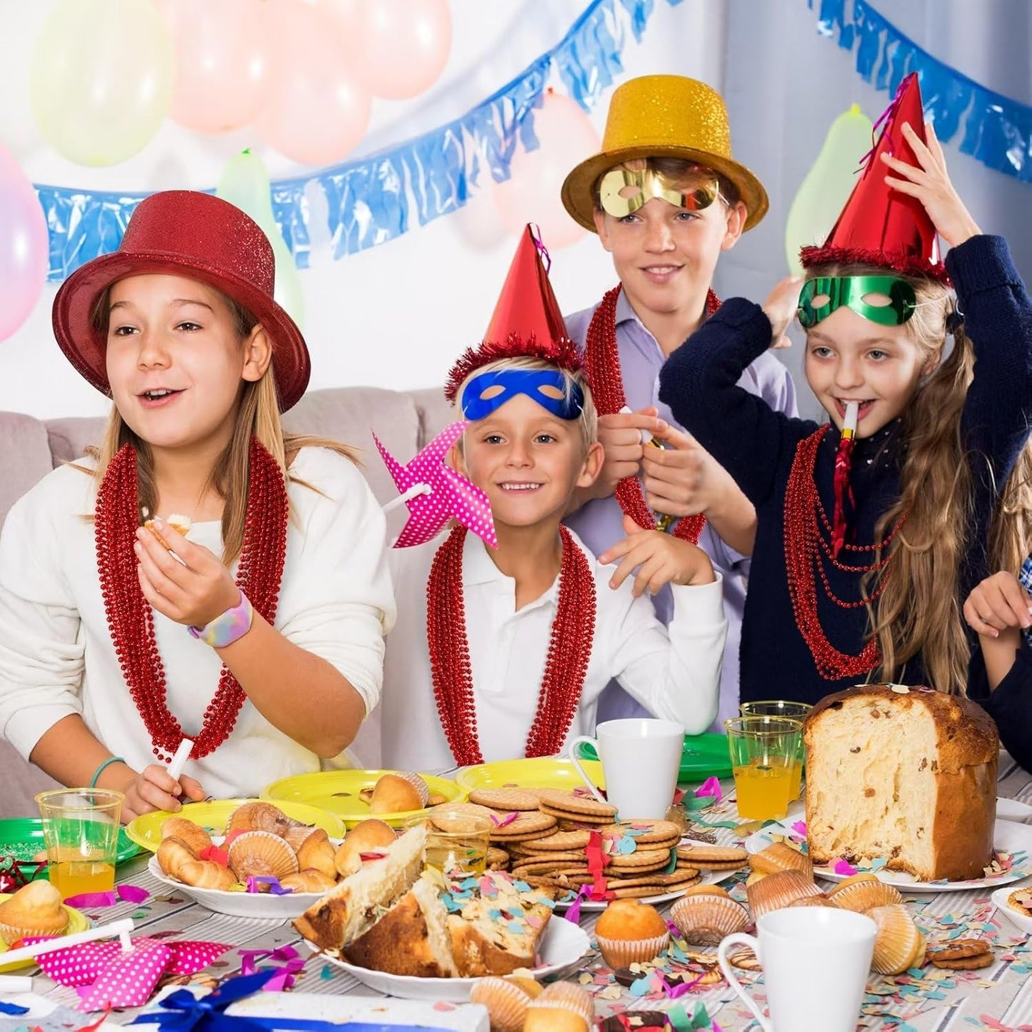 12PCS Bead Necklace, Red Christmas Beads Costumes Party Favors, 33" Beaded Necklace Festival Parade Throw Accessory Sets for Valentines Mardi Gras Christmas Celebrations Decorations