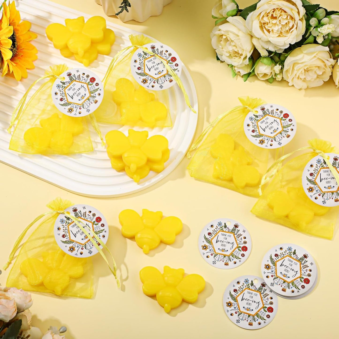 50 Sets Baby Shower Soap Favors for Guests Girl Boy Mini Bee Handmade Scented Soaps with Thank You Tags and Organza Bags for Shower Gender Reveal Party Favors