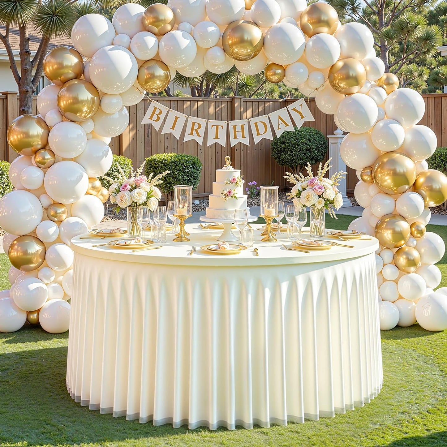 Ivory Tulle Round Tablecloth for 60 inch Tables, Spandex Fitted 5FT Ivory Round Table Covers with Tulle Skirt for Baby Shower Wedding Birthday Party Cake Banquet Table Decoration