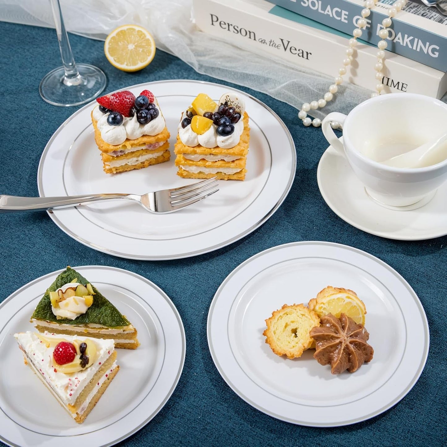 NOCCUR 200PCS Silver Plastic Plates Disposable for 100 Guests - Include 100 Dinner / 100 Dessert Plates Heavy Duty - Ideal for Party, Wedding, Christmas