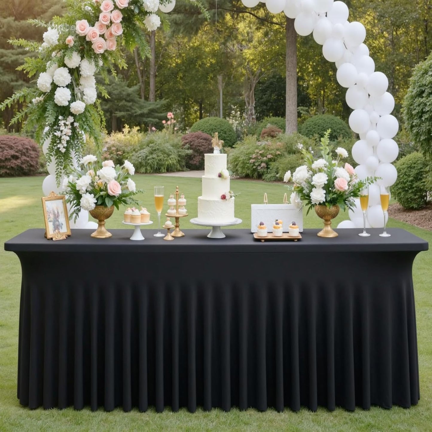 2 Pack Black Spandex Tablecloth 6ft with Ruffled Skirt,Wrinkle Free High Stretch Fitted Tablecloths for 6 Foot Rectangle Tables,Pleated Elastic Spandex Table Covers 6ft for Parties Wedding Banquet