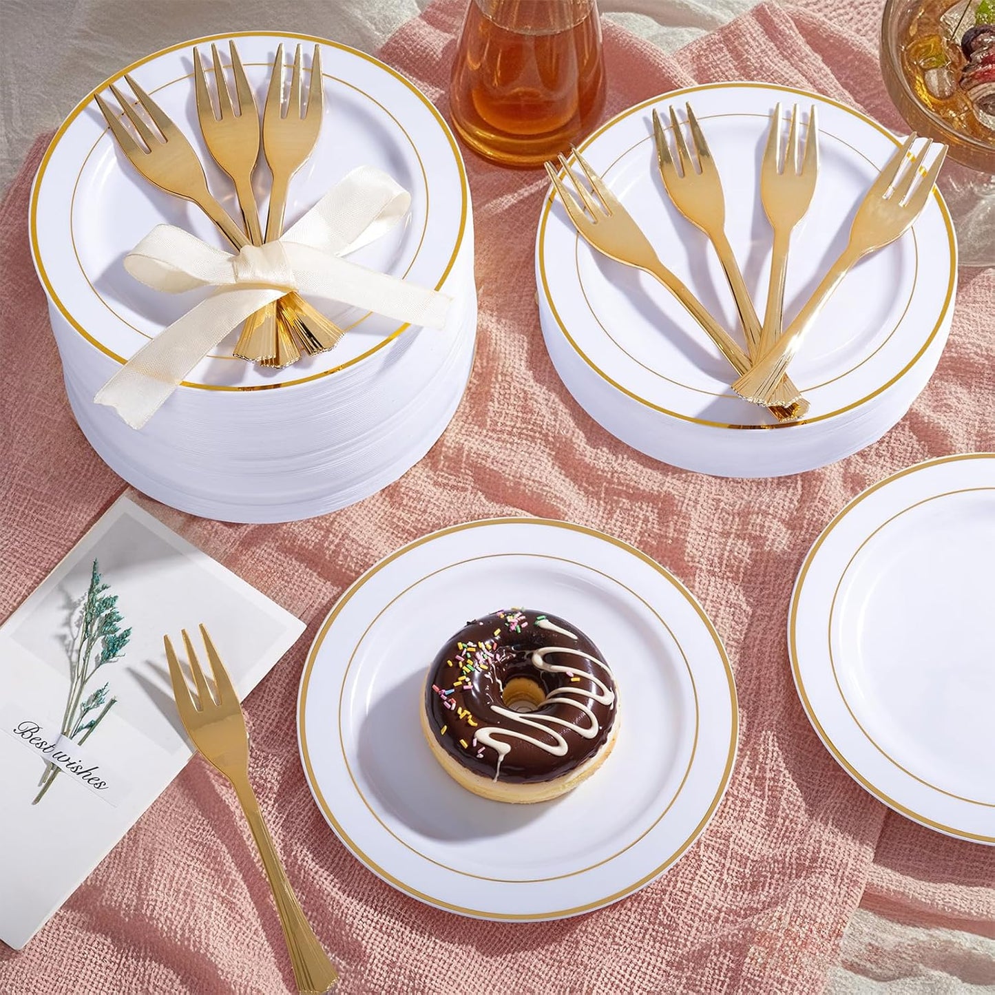 WELLIFE 60 PCS Gold Plastic Dessert Plates and 60 PCS Forks, 6.3 inch Disposable Salad Plates, Premium White Appetizer Plates with Gold Rims, Perfect for Party