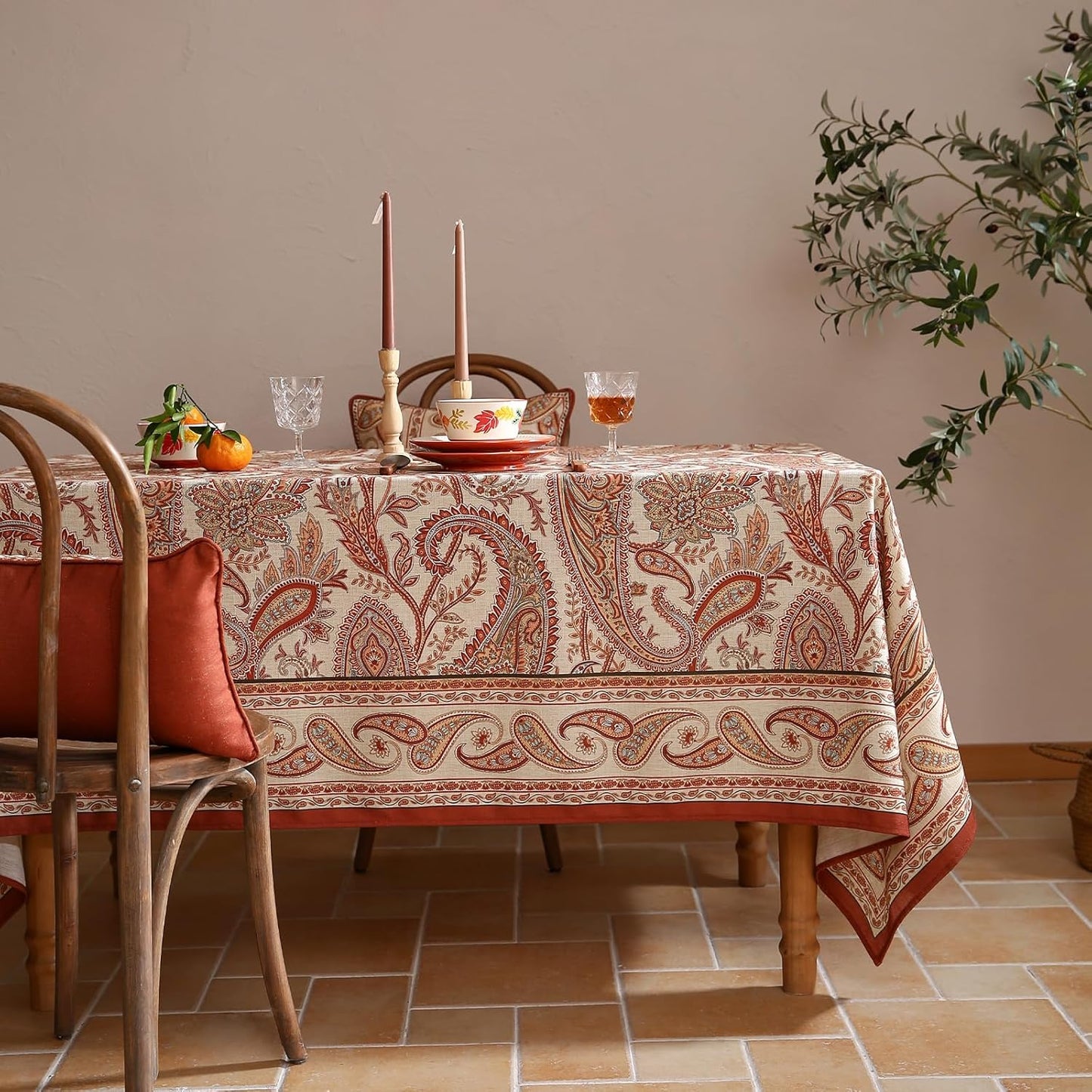 ISAENNE Designer French Red Tablecloth Rectangular,Fall Linen Table Cloth with Cashew Pattern,Stain Proof Decor Tablecloths for Dining Thanksgiving Kitchen Christmas,55"*79"-Chauffrey D