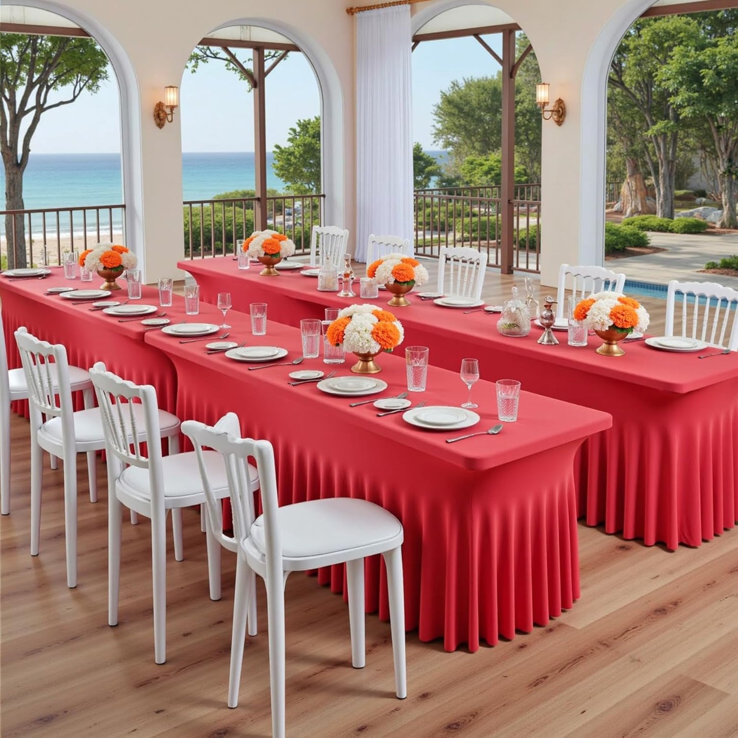 6 pk Red Spandex Tablecloth 6ft with Ruffle Skirt,Wrinkle Free High Stretch Fitted Tablecloths for 6 Foot Rectangle Tables,Pleated Skirts Spandex Table Covers 6ft for Christmas Party Banquet Wedding