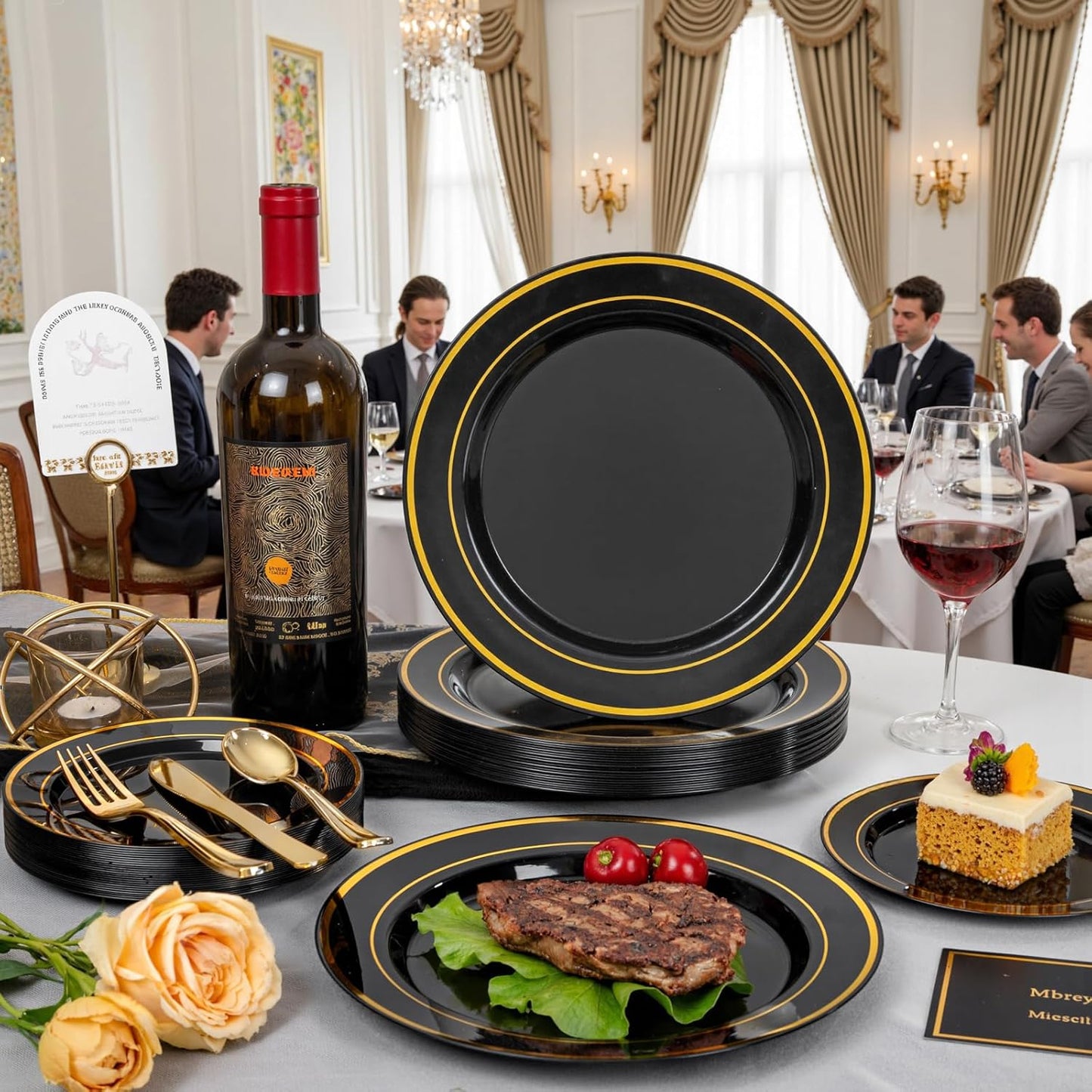 WDF 200PCS Black and Gold Plastic Plates - Black Plates Disposable for Party - Heavy Duty Plastic Plate for New Year